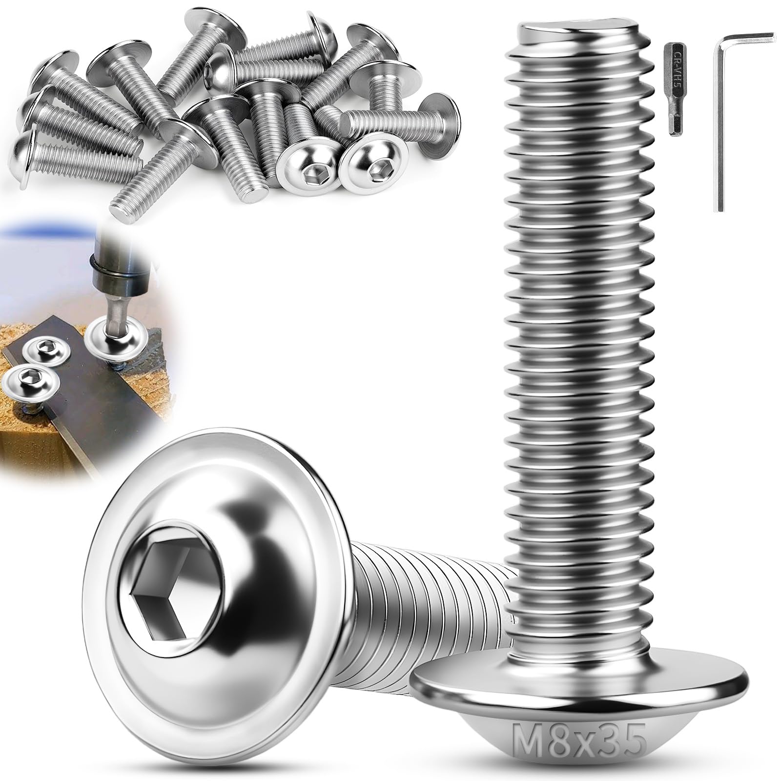 TXXATX M8 Bolts, M8x35 mm Flanged Button Head Socket Cap Screws, 15 Pcs Pan Head Screws, 304 Stainless Steel Bolts with Allen Key & Bit for Furniture, Motorbike Fairings, Outdoor Garden & 3D Printers