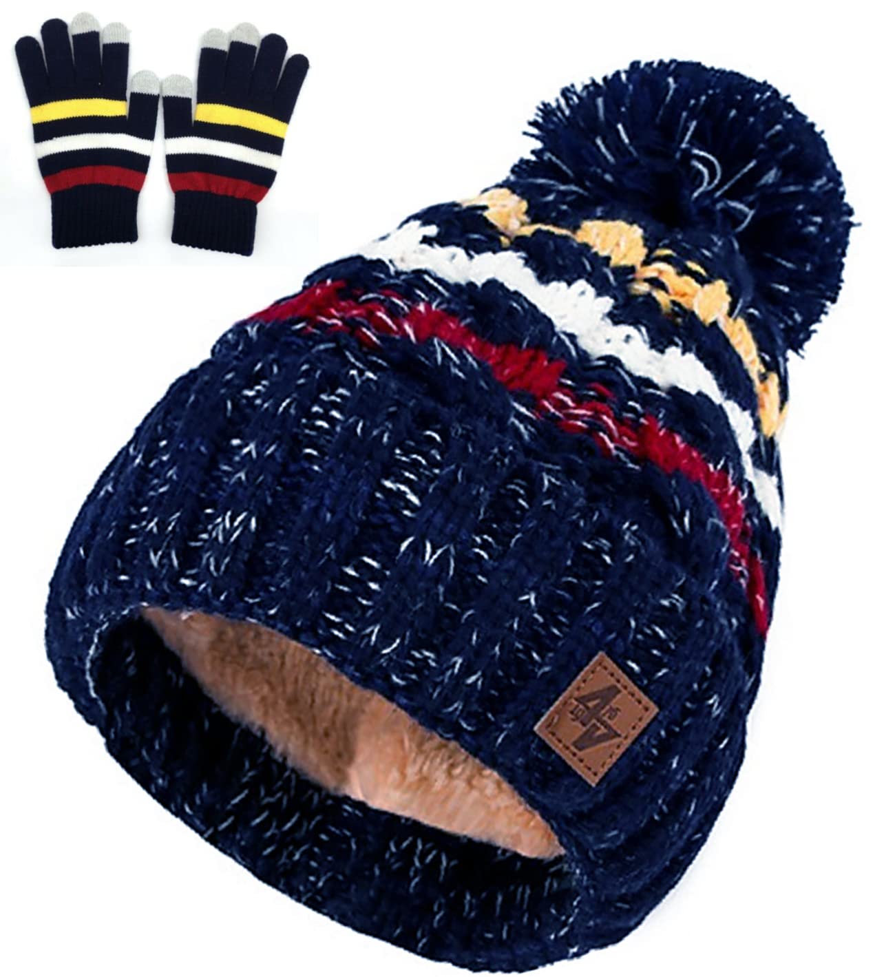 MFAZ Morefaz Ltd Winter Set Hat & Gloves Men Women Beanie Hat Worm Knitted Hats Fleece Pom Pom (Set Hat&Gloves Nave)