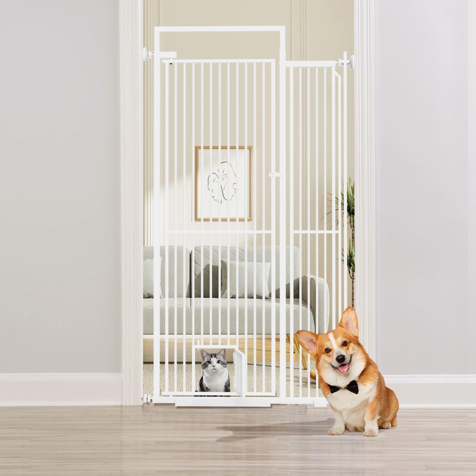 Photo 1 of BEURUKU 78.3" Extra Tall Pet Gate for Cat Dog, 30"-32"/40"-42" Wide Baby Gate with Cat Door, NO Drilling Pressure Mounted for Doorways, Stairs, Hallways, 1.34" Narrow Bar Spacing, White