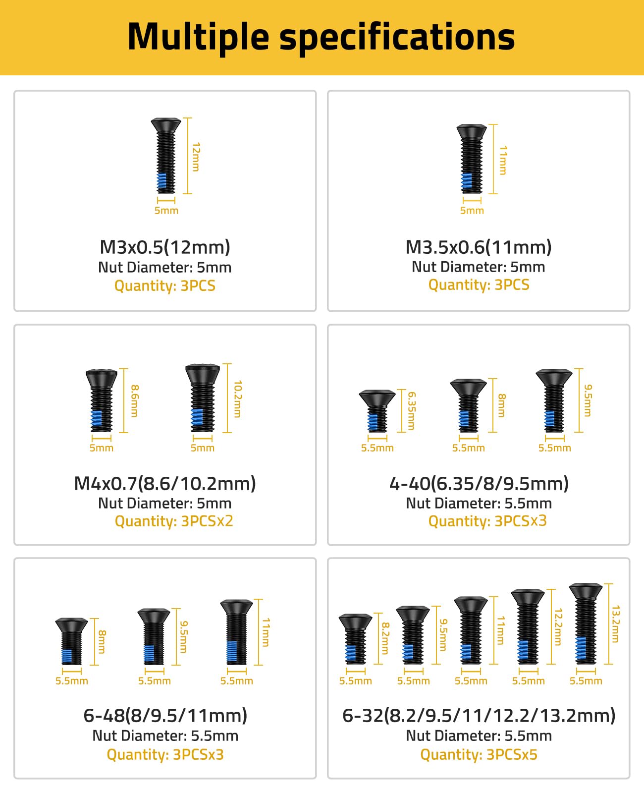 CVLIFE Lot de 45 vis pour optique de visée Red Dot et support, 15 jeux de vis de 3 dans chaque lot #6-32/#6-48/#4-40/M3/M3.5/M4, acier au carbone de qualité 12,9, revêtement bleu oxyde noir,