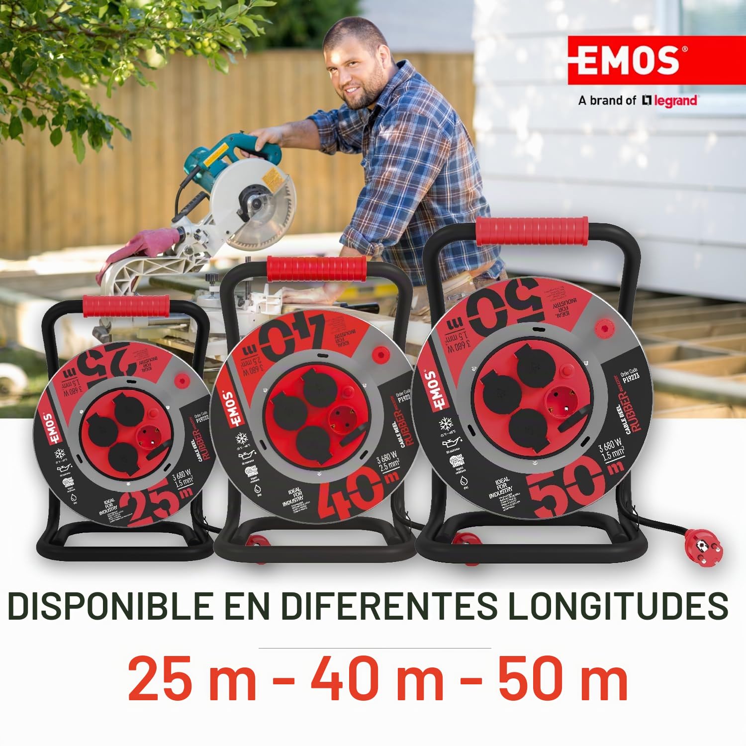 EMOS tambor cable 50 m acero, 4 Schuko, 230 V 16 A 3680 W, goma H07RN-F 1.5 mm², IP44, resistente agua, golpes, aceite, intemperie