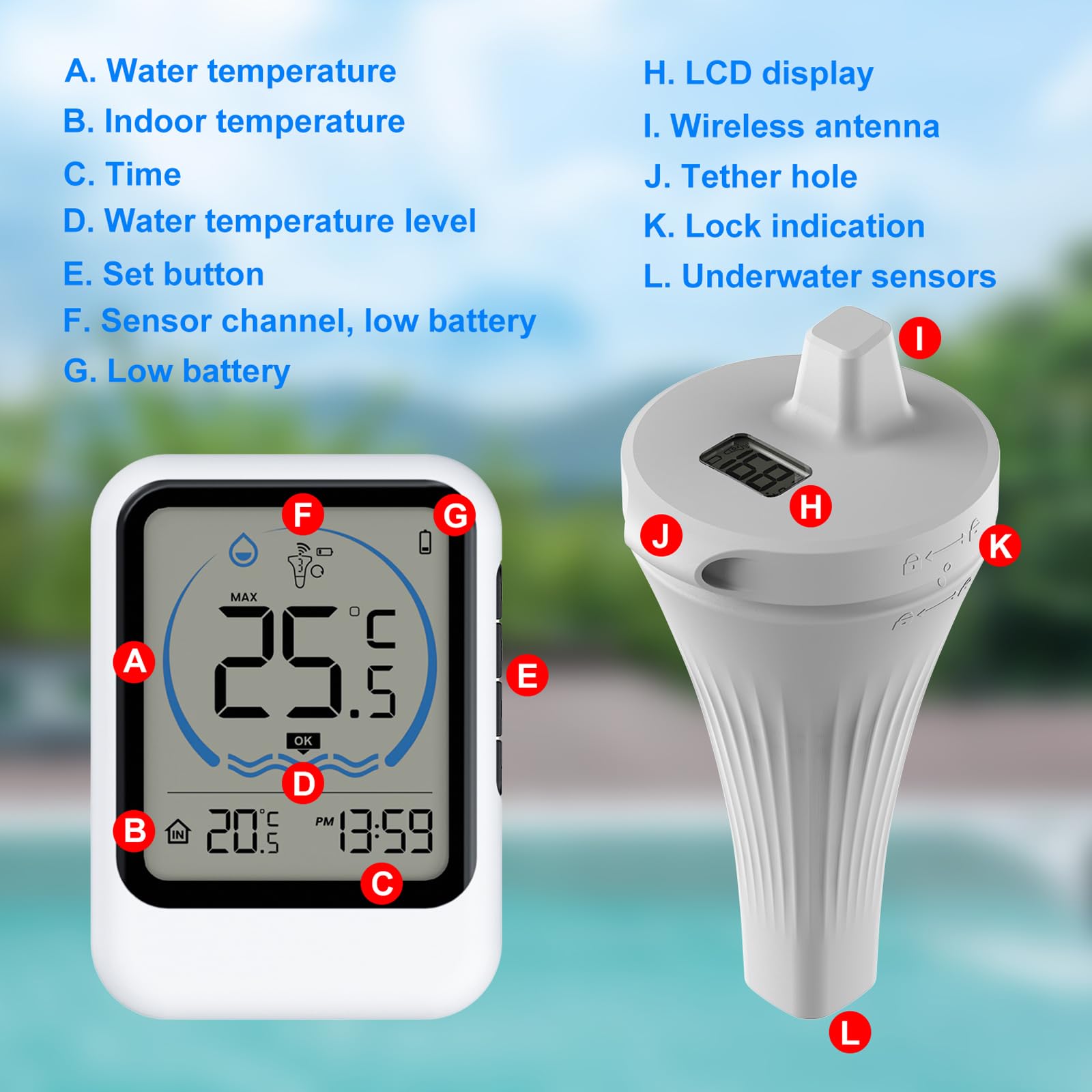 Termómetros Para Piscinas con Pantalla LCD,Termómetro Piscina Interior y Exterior, Termómetro Inalámbrico Para Piscinas Flotante para Piscinas, Jacuzzis, Spa, Bañeras