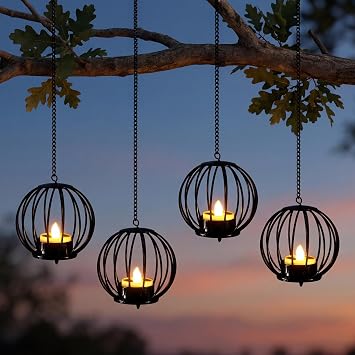 Edenseelake Solar Hanging Lanterns Outdoor Waterproof, Metal Ball Candle Holder with Flickering Solar Powered, Chargeable Solar Lights for Backyard Patio Garden Fence Tree Decoration, 4 Pack
