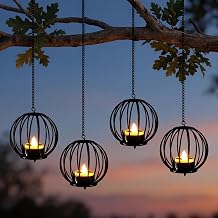 Edenseelake Solar Hanging Lanterns Outdoor Waterproof, Metal Ball Candle Holder with Flickering Solar Powered, Chargeable Solar Lights for Backyard Patio Garden Fence Tree Decoration, 4 Pack
