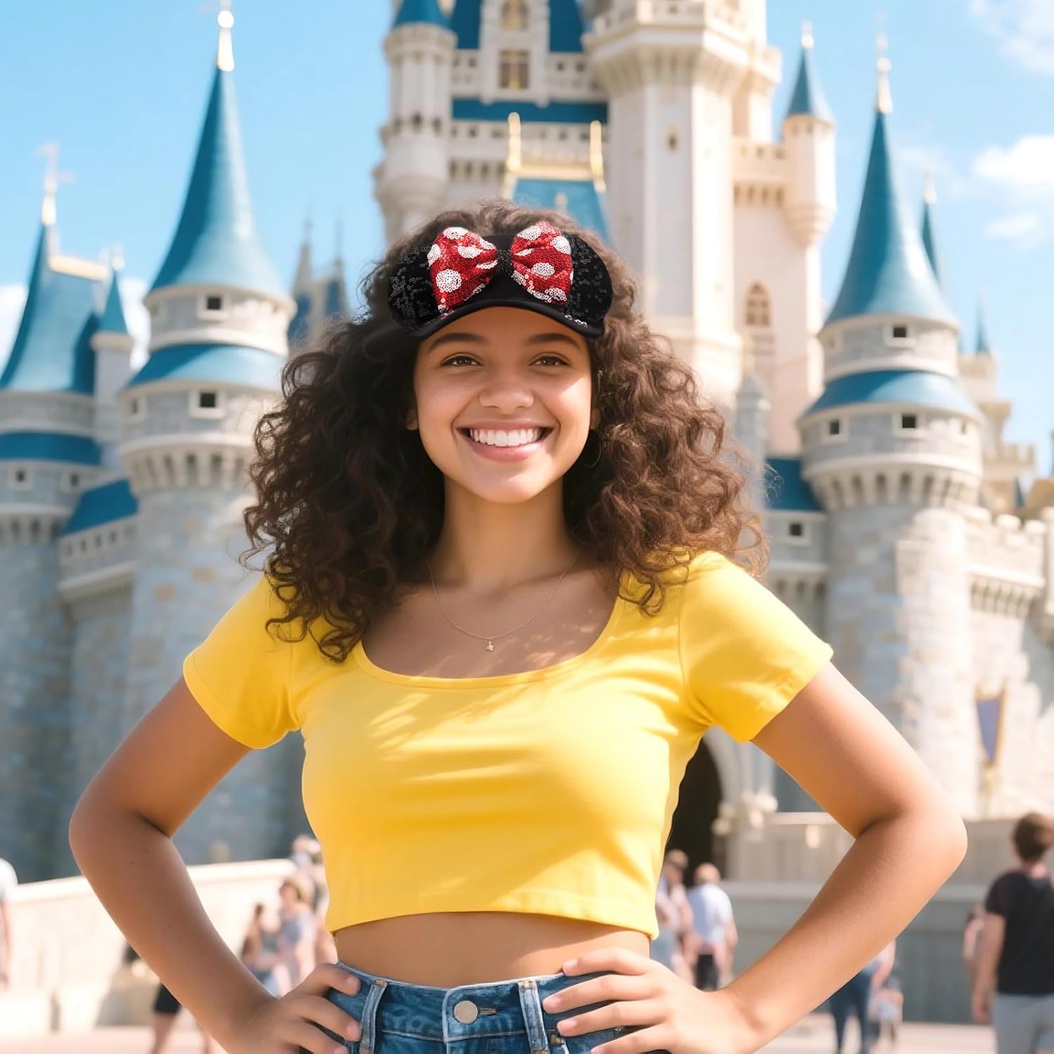 Adult Size Mouse Ears Visors for Women, Adjustable Sun Visor Hat Baseball Cap with Sequin Mouse Ears Bow for Theme Park Decor - Image 6