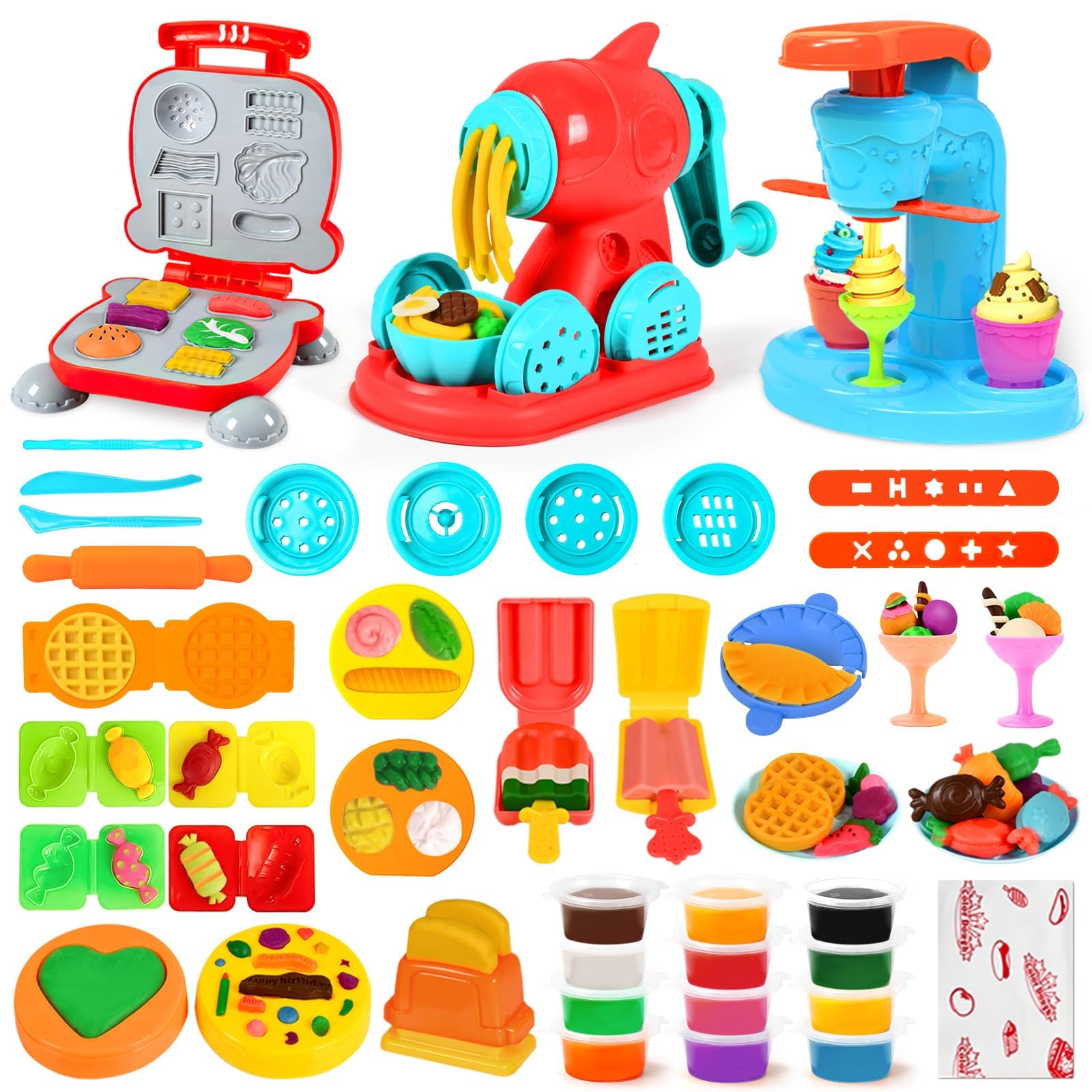SOCBTNSO 3 in 1 Dough Sets 59 PCS for Kids Ages 4-8, Dough Tools Kit with Ice Cream Noodle Hamburger Maker Machine, Kitchen Creations Art Crafts Food