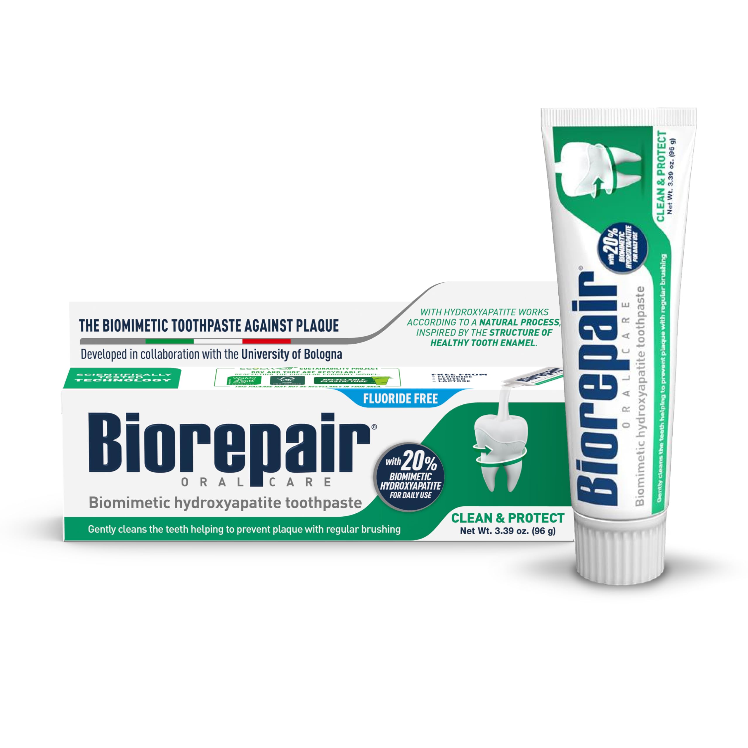 BIOREPAIR Clean & Protect - 20% Hydroxyapatite Toothpaste for Daily Use, Fluoride Free - Helps Prevents Plaque and Tartar Formation, Oral Care for