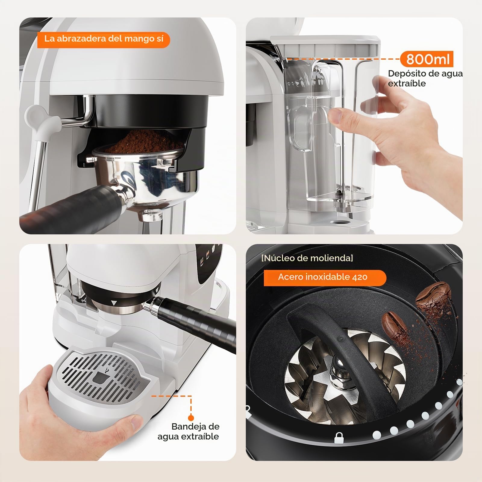 RECAFIMIL Máquina de espresso de 19 bares con molinillo de granos, cafetera 2 en 1 para café molido, capuchino y latte con espumador de leche, panel táctil, depósito de agua extraíble (blanco)