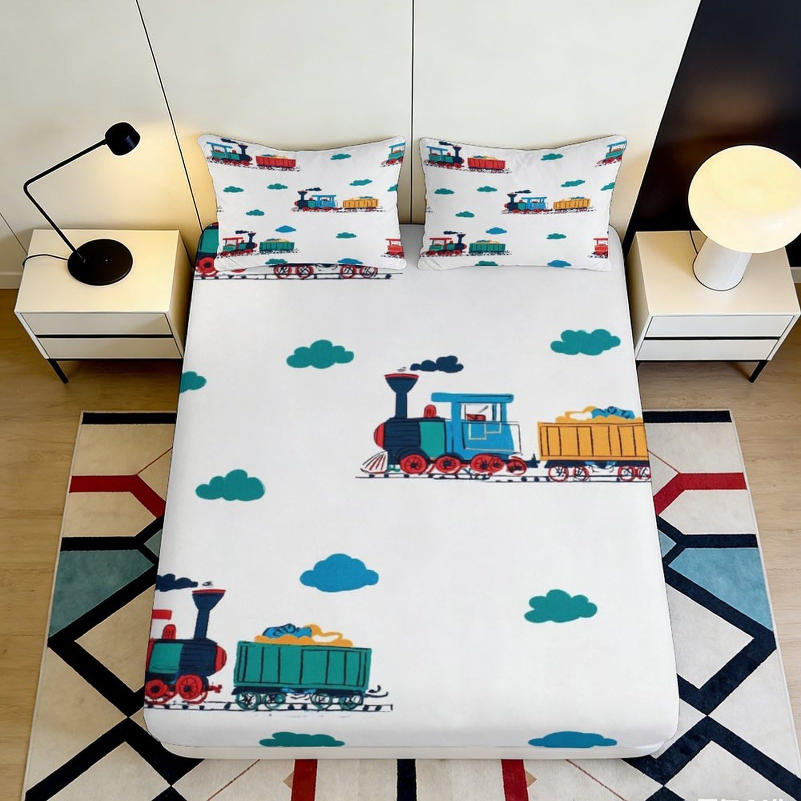 3D Printed Train Cloud Fitted Sheet Microfiber Soft Breathable Locomotive Bed Sheet for Bedroom Guest Room Decor 90x200x25cm