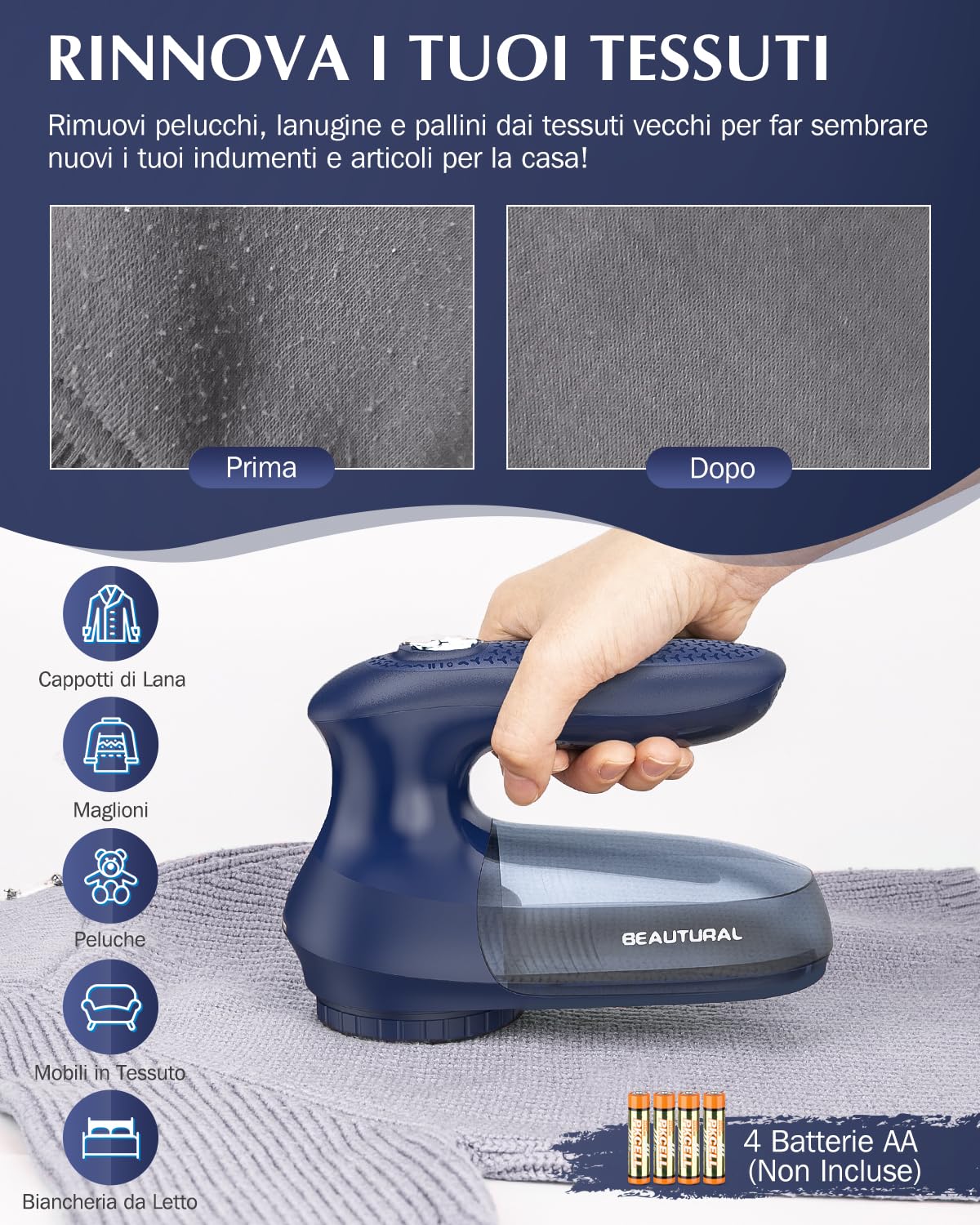 BEAUTURAL Levapelucchi Elettrico Domestico, Rasoio Elimina Pelucchi Potente ed Efficace per abiti e tessuti, con Alimentatore AC e Batteria per Rimuovere Lanugine, Perfetto per la Famiglia