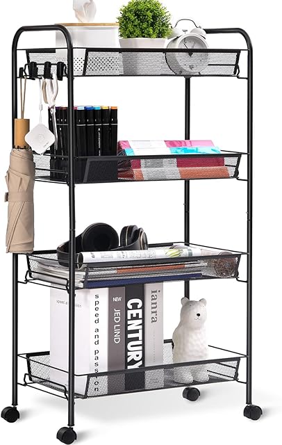 APEXCHASER 4-Tier Rolling Cart,Easy Assemble Mobile Storage Trolley On Wheels,Slide Out Utility Cart Shelving Units Kitchen Bathroom Laundry Room,Black