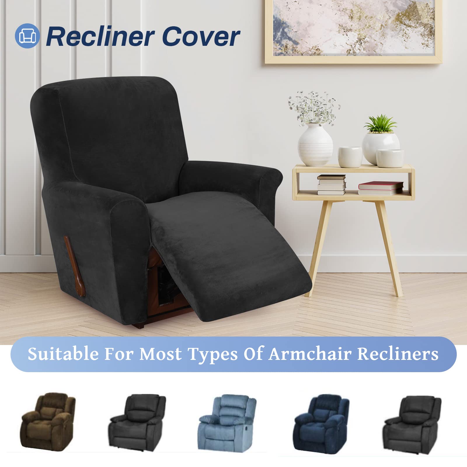 WEERRW Housse de fauteuil inclinable en velours très extensible, lavable avec base élastique antidérapante pour enfants et animaux domestiques, noir