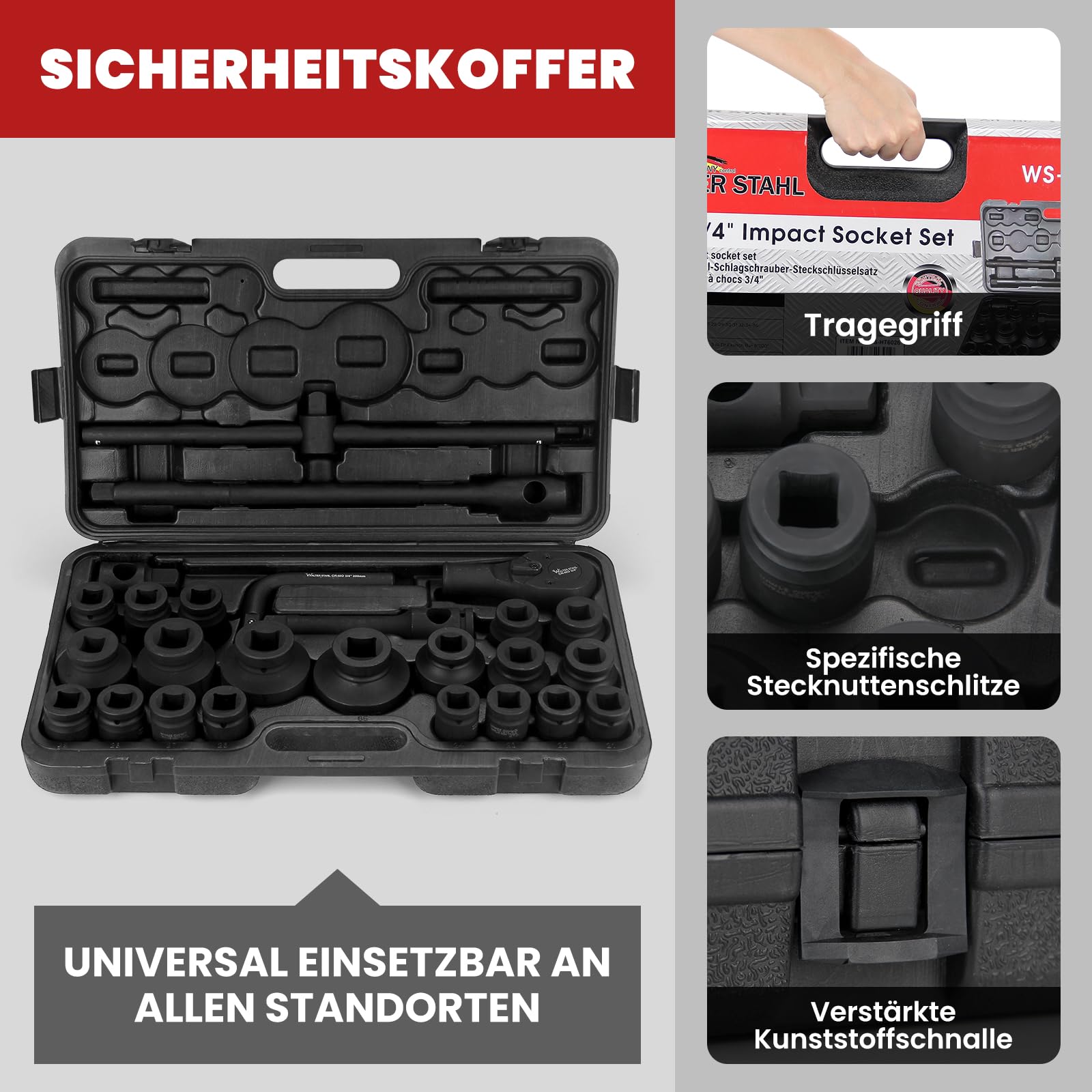WALTER ACCIAIO Set di 26 cacciaviti a percussione, dadi da 3/4", adattatore per bussola, dimensioni metriche standard (21-65 mm) | Set di chiavi a bussola in acciaio Cr-V