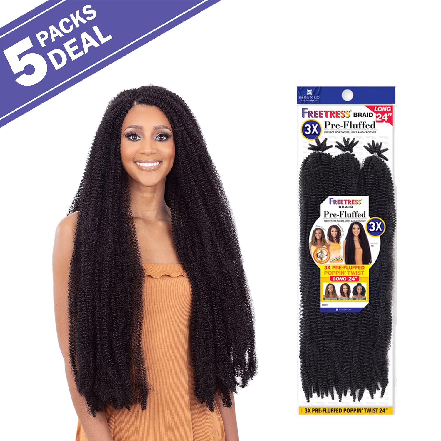 FreeTress Crochet Braids 3X Pre-Fluffed Poppin Twist 24" (5-pack, 1)