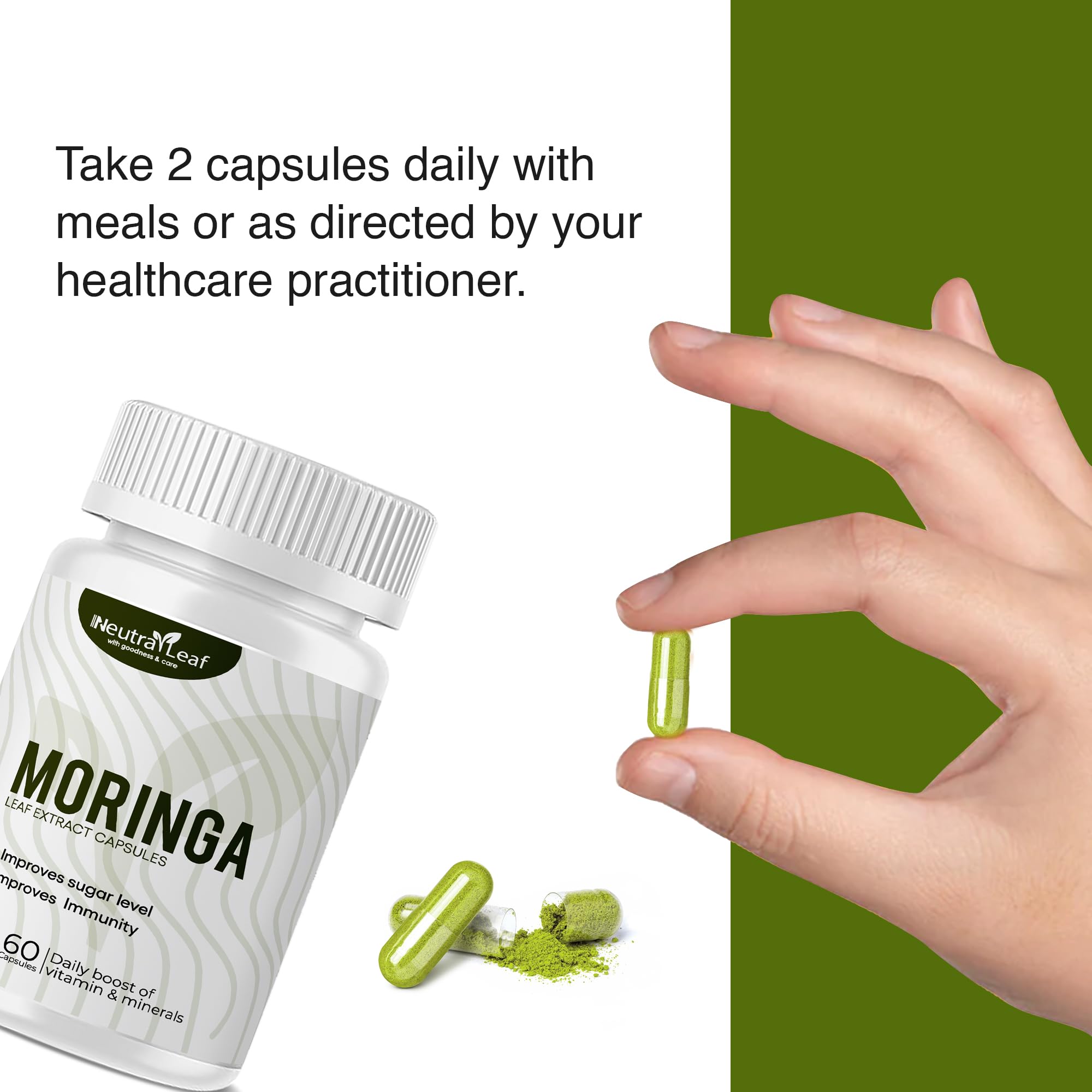 Neutra Leaf Moringa Leaf Extract Capsules 500mg | Rich in Vitamins, Minerals & Amino Acids | Natural Energy Boost, Improves Stamina & Vitality | 60 Veg Capsules 2