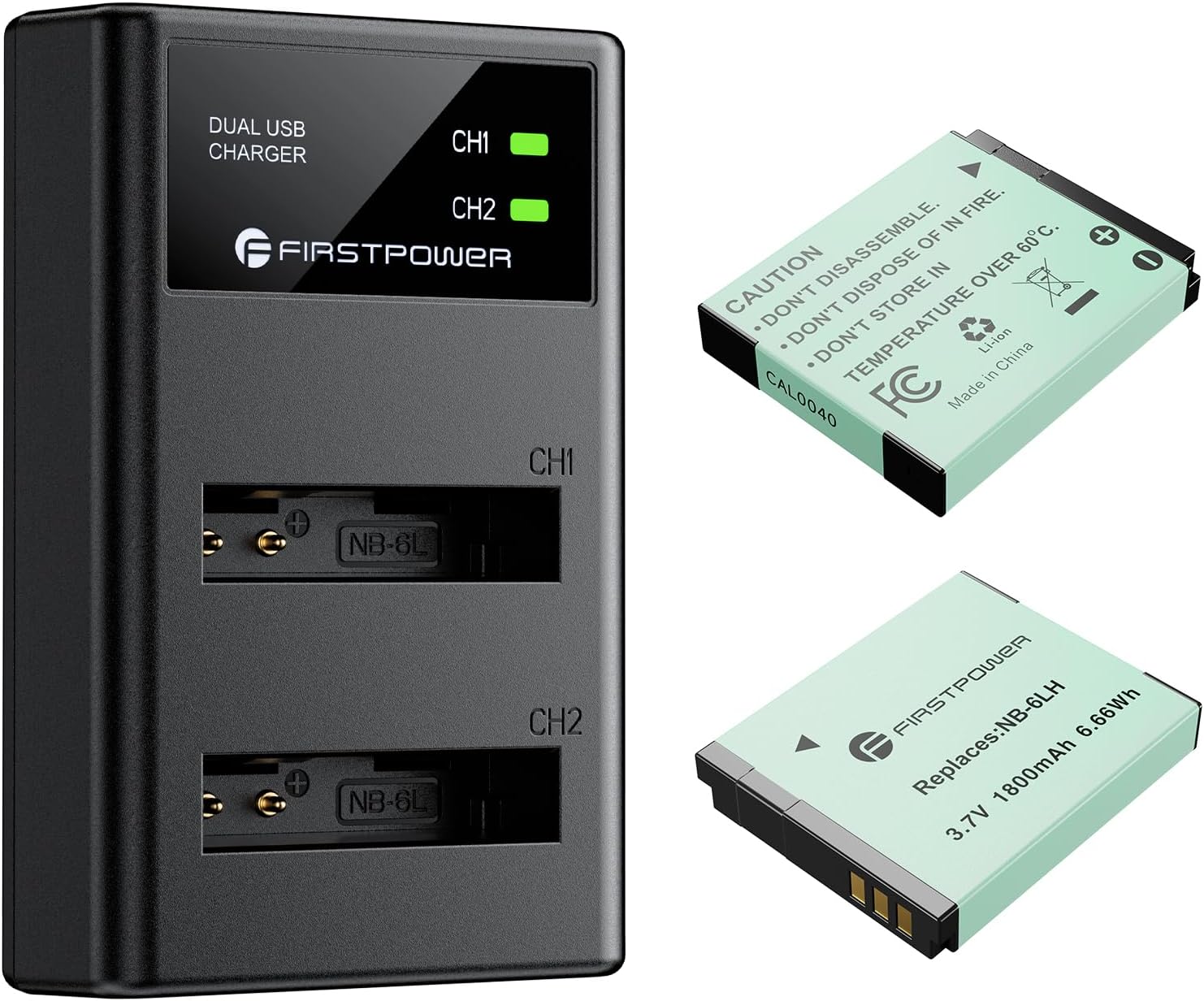 FirstPower 2 Pack NB-6LH NB-6L Batteries and Dual USB Charger for Canon Powershot SX500 is, SX510 HS, SX520 HS, SX530 HS, SX540 HS, SX170 is, SX700 HS, SX710 HS, SX610 HS, SX280 HS, D20, D30, S90,S120