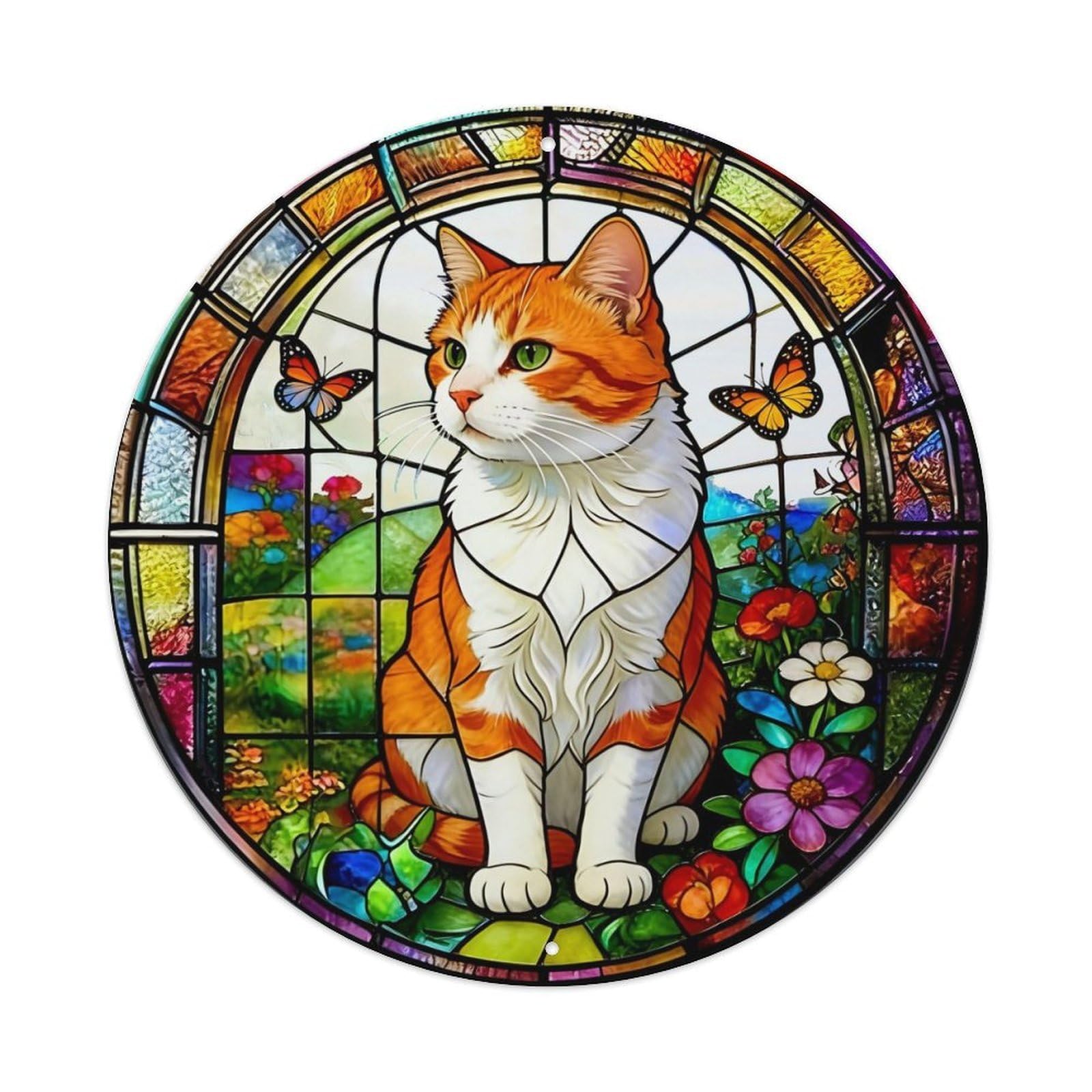 Stained Glass Cat Garden Butterflies Round Metal Tin Sign Vintage Wall Decor, Bar Garage Cafe Kitchen Home Wall Art Poster 8x8inches