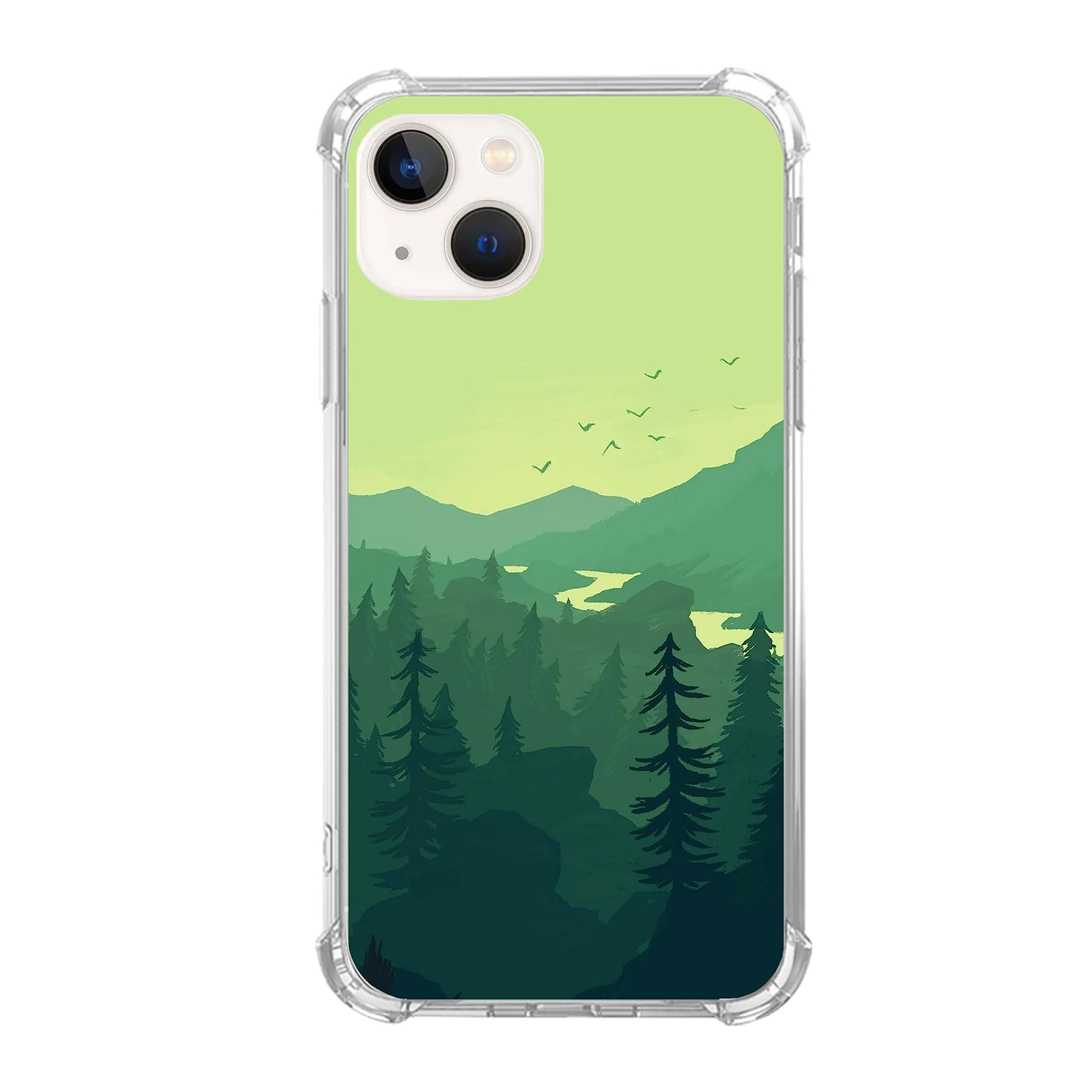 Green Nature Phone Case Compatible with iPhone 15 Plus, Abstract Forest Mountain Birds Cover for Men Girls Women Boys, Shockproof Protective TPU Case for iPhone 15 Plus