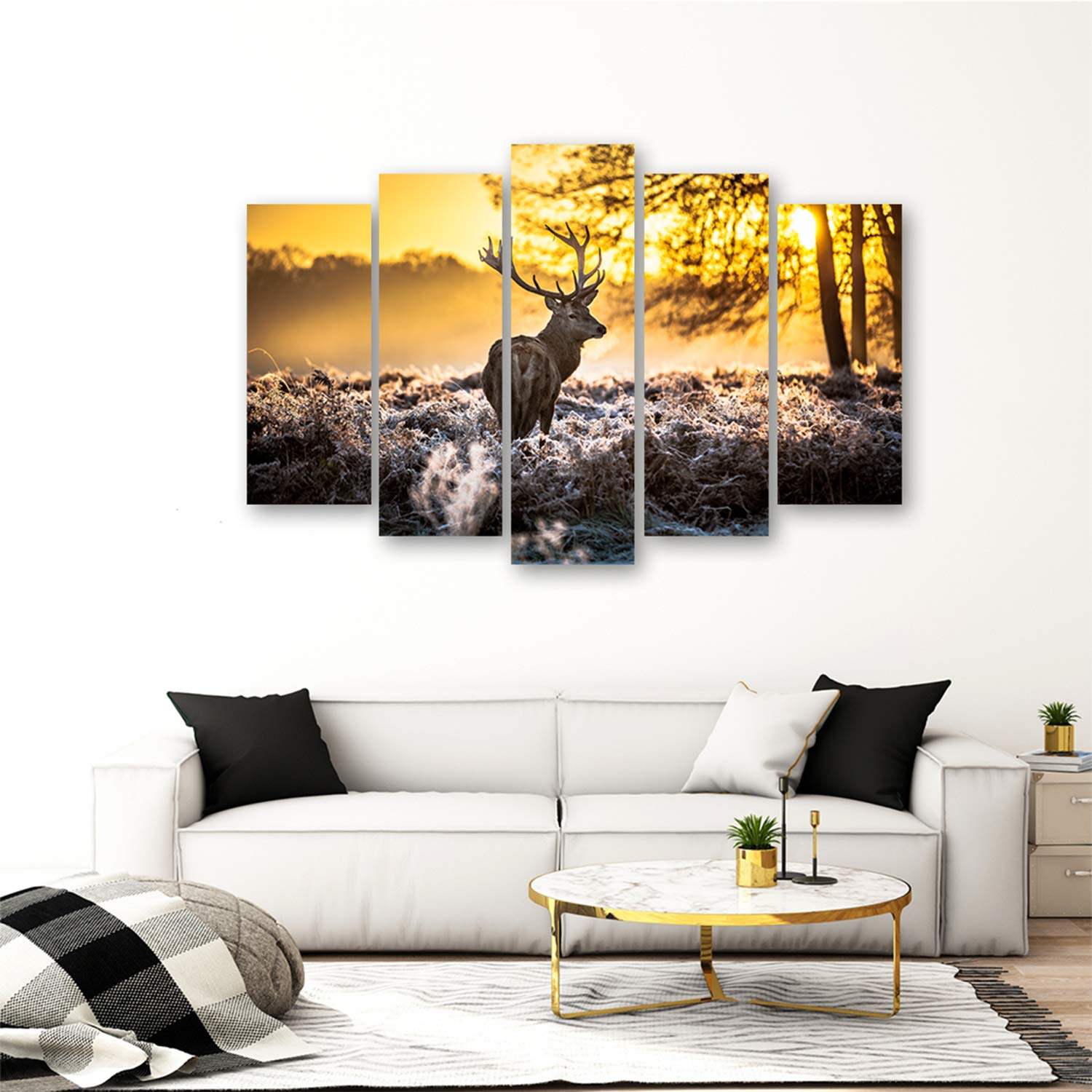 Feeby Bilder Hirsch Wald Nebel XXL 200x100 cm 5 Teilig Wohnzimmer Schlafzimmer Modern Wandbilder Leinwandbilder Bild auf Leinwand Kunstdruck Wanddeko Design Sonnenuntergang Landschaft Natur Orange