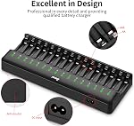 BONAI 16-Bay Battery Charger for AA AAA NiMH Rechargeable Batteries Independent Control with LED Indicator and Standard AC Plug, Suitable for Camera and Toys - Black