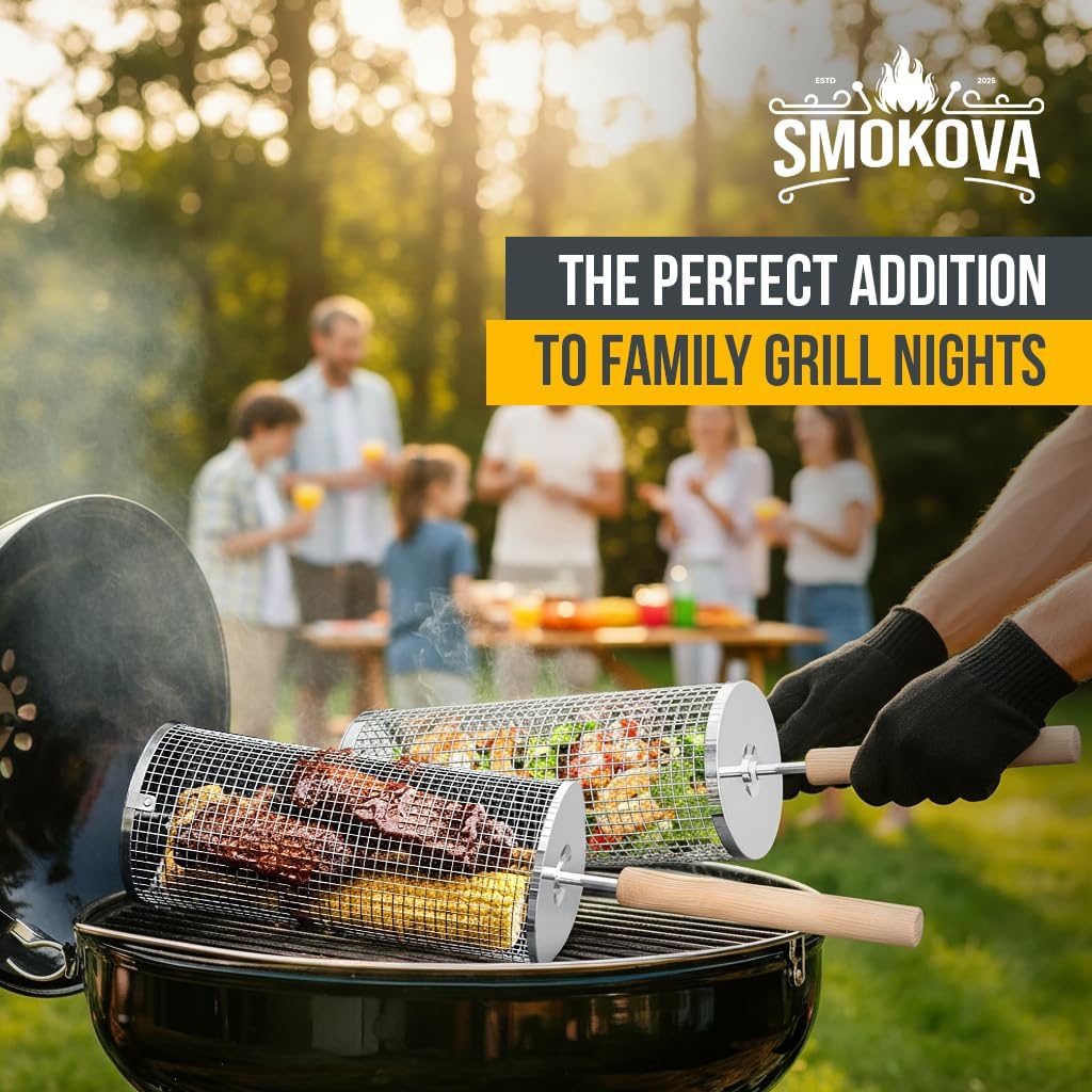Rolling Grill Basket for Veggies (2 PCS) | 304 Stainless Steel Grill Baskets for Outdoor Grill with Removable Wooden Handle | BBQ Baskets for Grilling | Vegetable Grill Basket