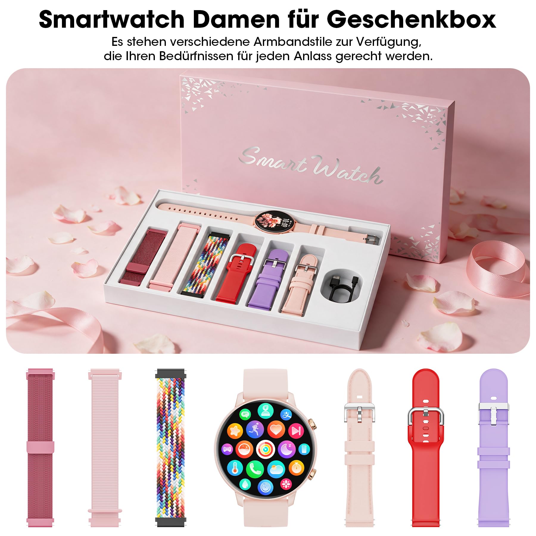 Smartwatch Damen, 1,39" HD Fitness Tracker mit 7 Armbändern & Geschenkbox
