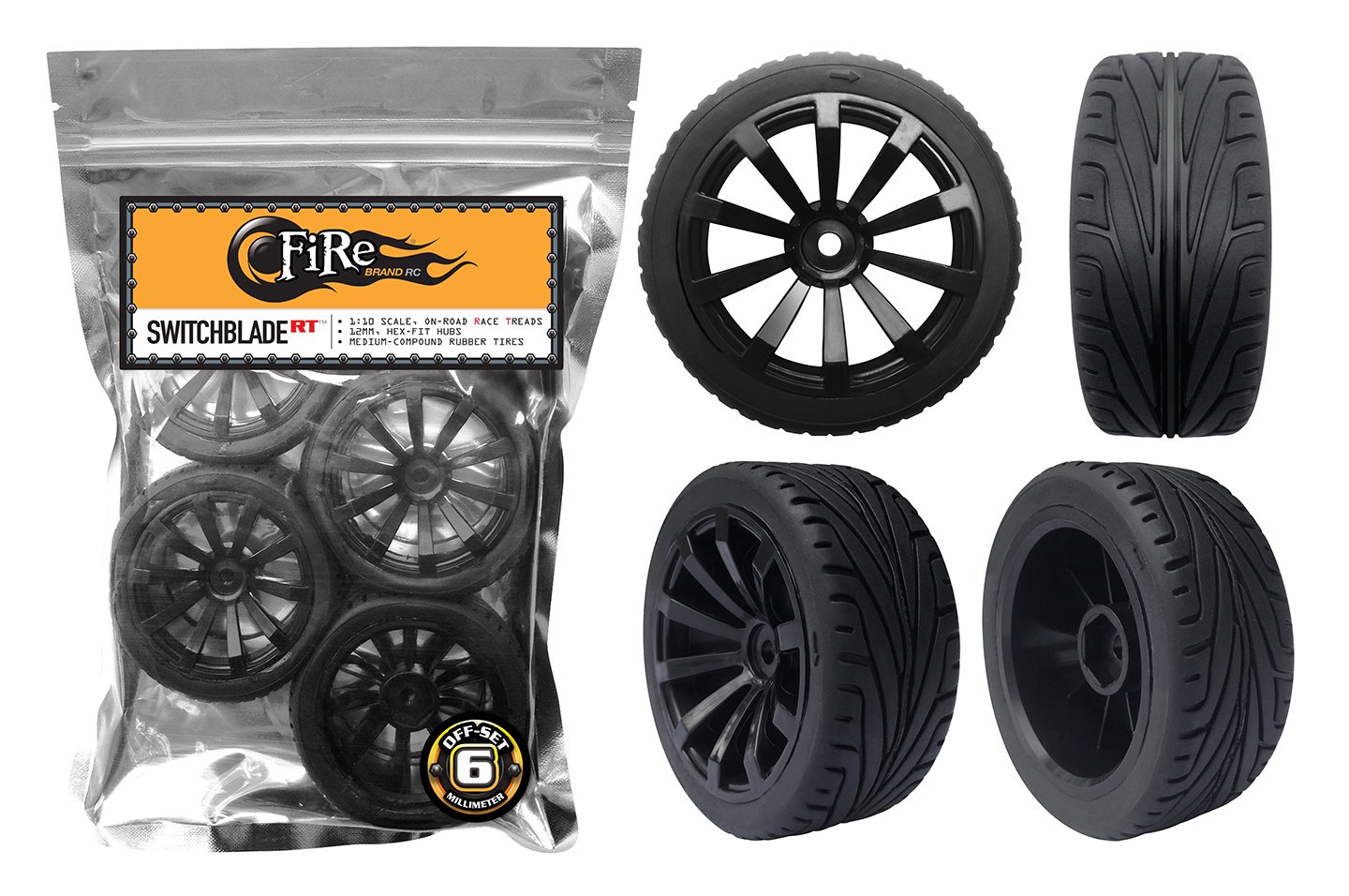 Firebrand RC Switchblade-RT™ Galaxy Black™ On-Road Race Wheels w/Daggers™ - Pre-Glued Directional Rubber Race Treads, 1:10 Scale, 12mm Hex-fit Hubs, Medium-Hard Rubber Compound, Set of 4