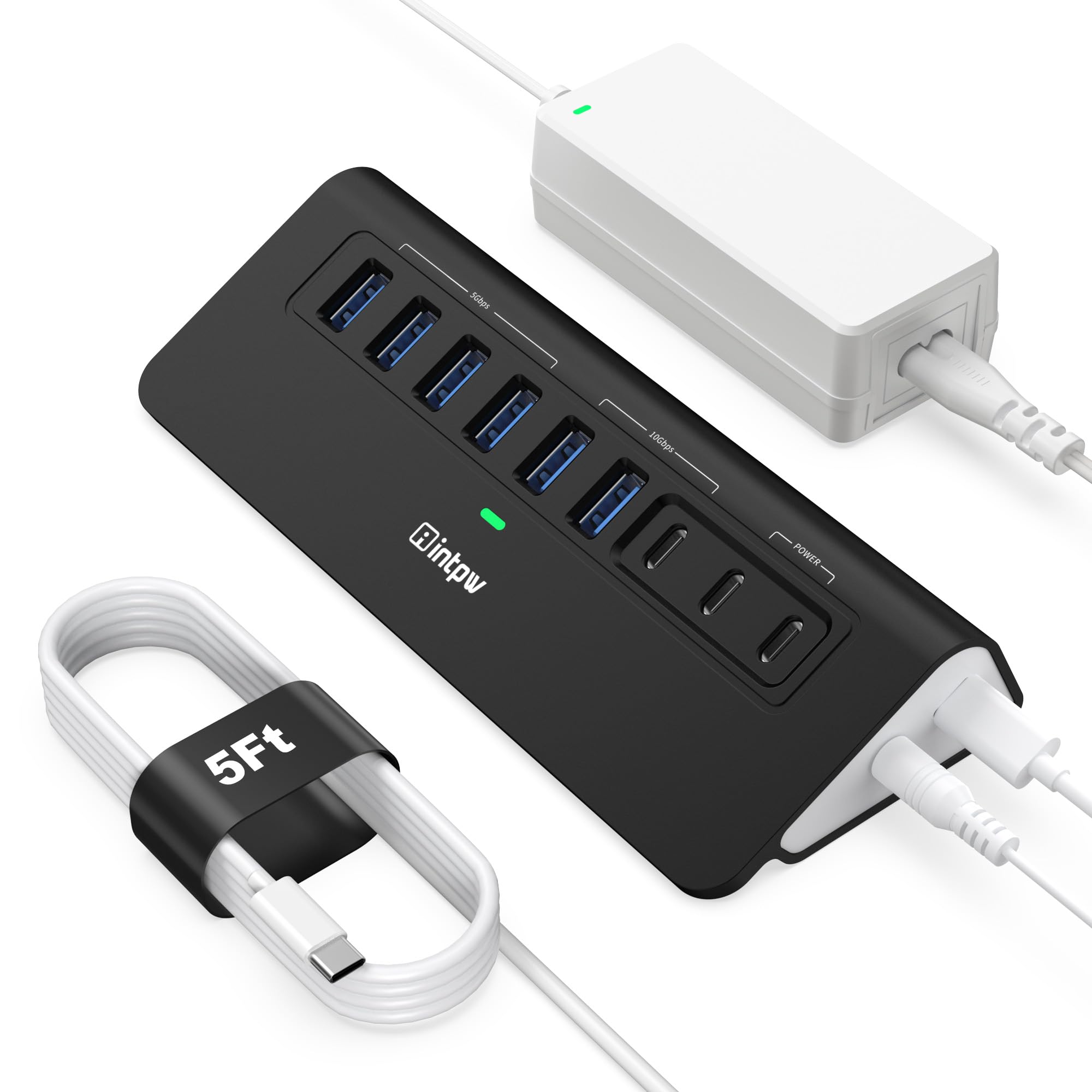 intpw Powered USB Hub 10Gbps,9-Port USB 3.2/USB C HUB, 5FT USB C Cable