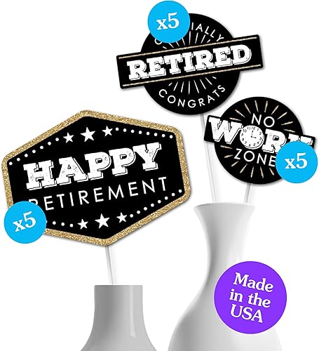 Big Dot of Happiness - Palitos de centro de mesa de fiesta de jubilación, feliz jubilación  Decoración de mesa - Juego de 15