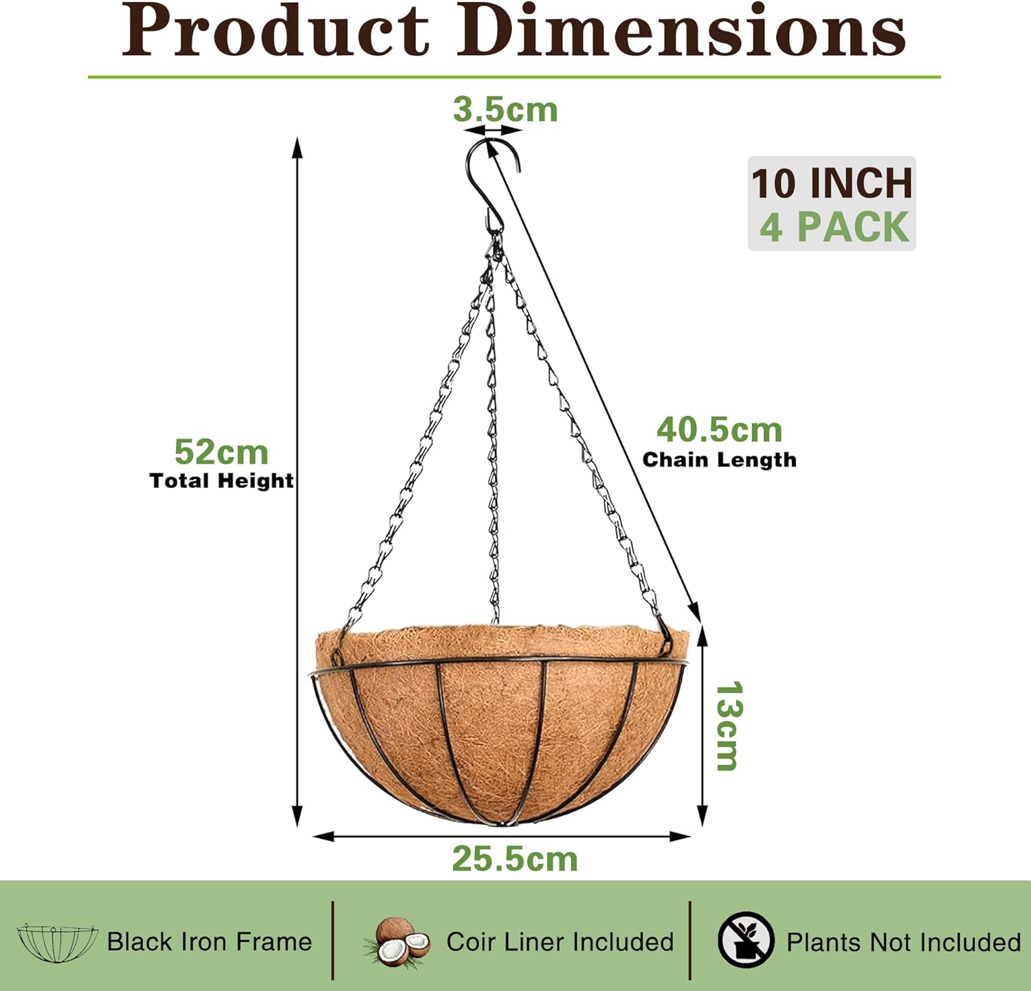 EIMQUVW Outdoor Metal Hanging Planters Basket (4pack, 10 inch) Hanging Baskets for Plants Chain Round Wire Plant Holder with Coco Fiber Liners for Garden, Patio, Deck, Porch