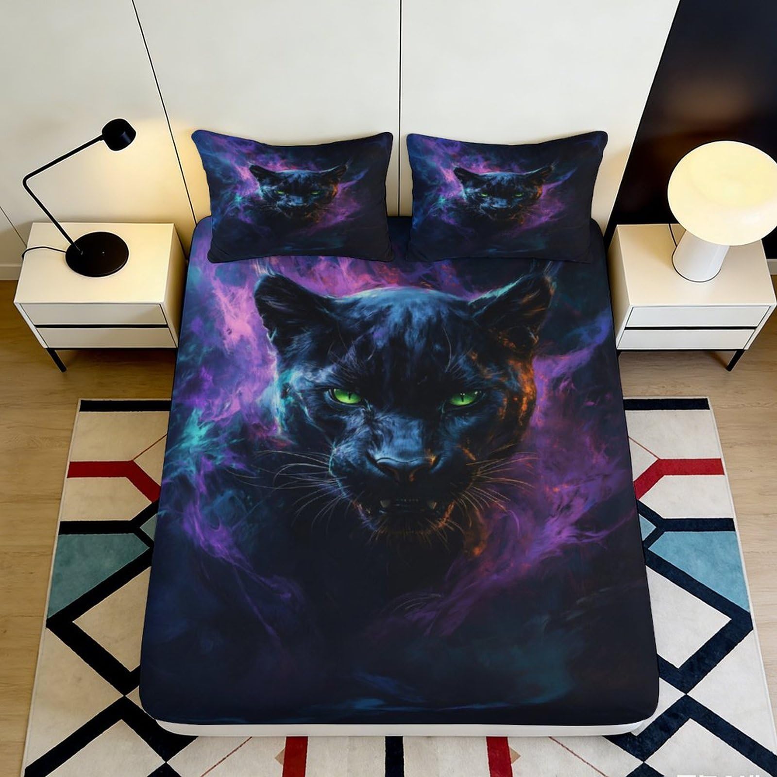 3D Printed Night Panther Fitted Sheet Microfiber Deep Pocket Non-Slip Bedroom Bedding Night Panther Mattress Fitted Cover Washable Full Wrap 200x200x25cm 90x200x25cm