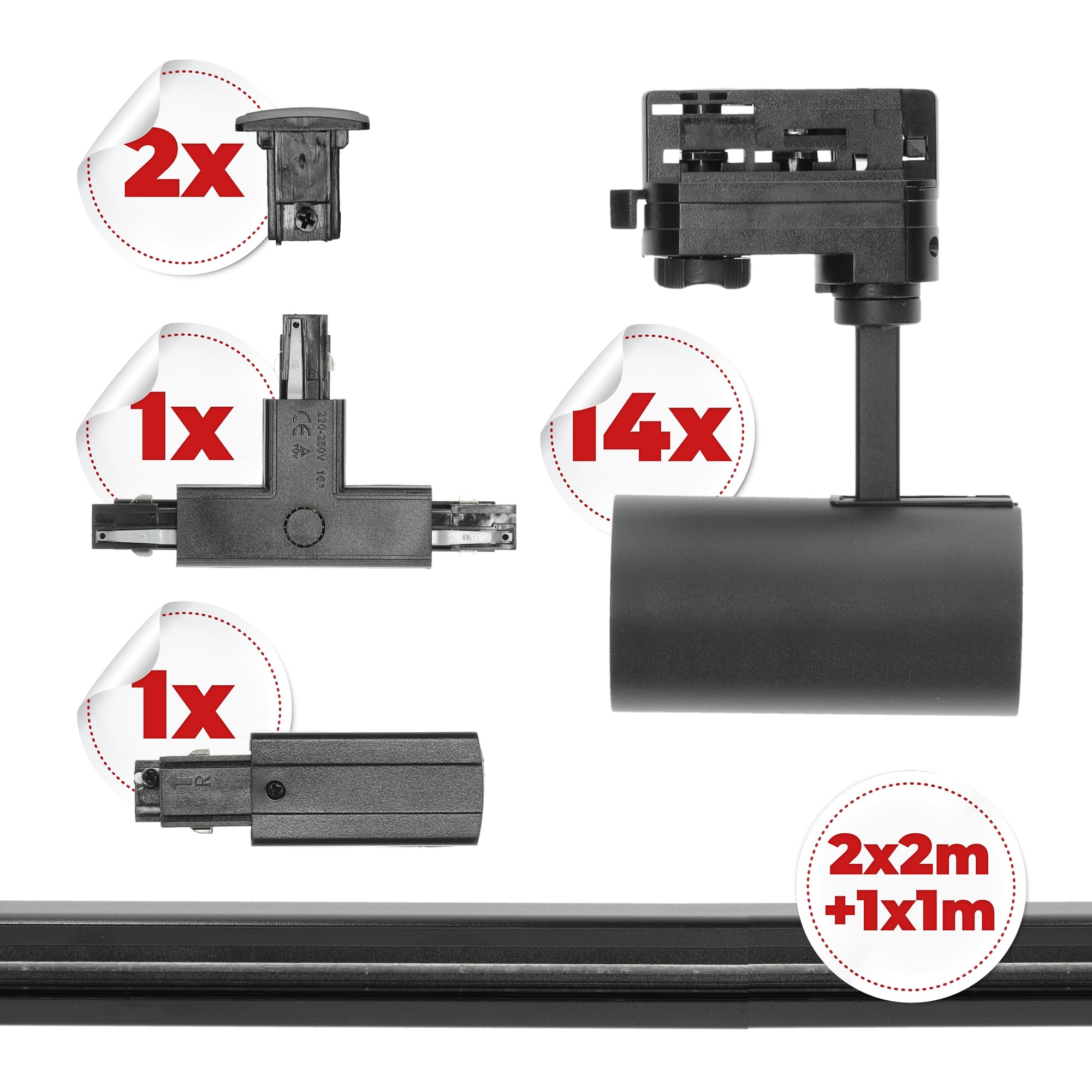 NEXTRACK 3-Phasen-Schienen-Set 1m+2m+2m 14x GU10-Lampe T-Verbinder Netzteil Kappe Schwarz