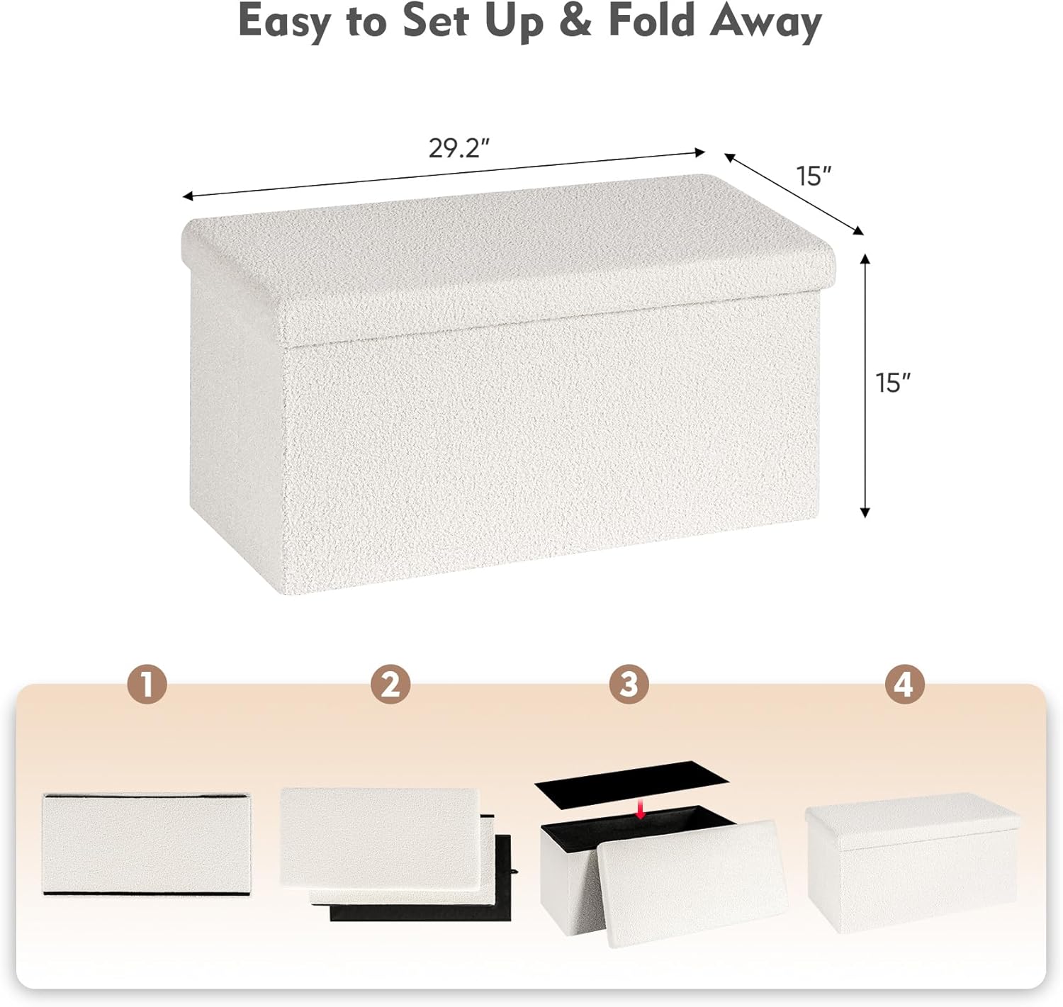 B FSOBEIIALEO Small Storage Ottoman Cube Sherpa Ottomans Foot Rest, Foldable Boucle Ottoman Bench, Faux Teddy Fur, Cream White 30"x15"x15"