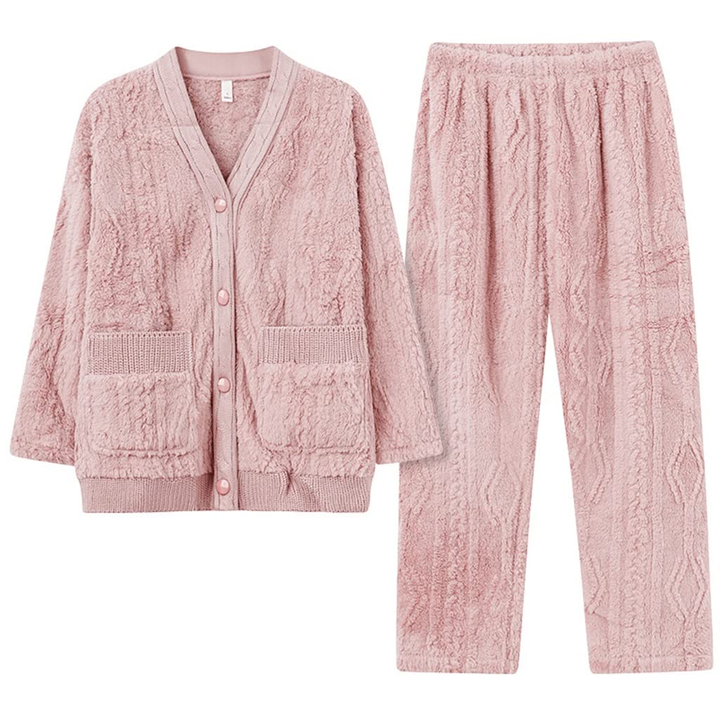 CFWSHJ Herbst-Winter-Langarm-Nachtwäsche, Fleece-Pyjama, V-Ausschnitt, Tasche, süßer Loungewear-Pyjama, rosa-XXL-Code (Roze-XXL-Code)