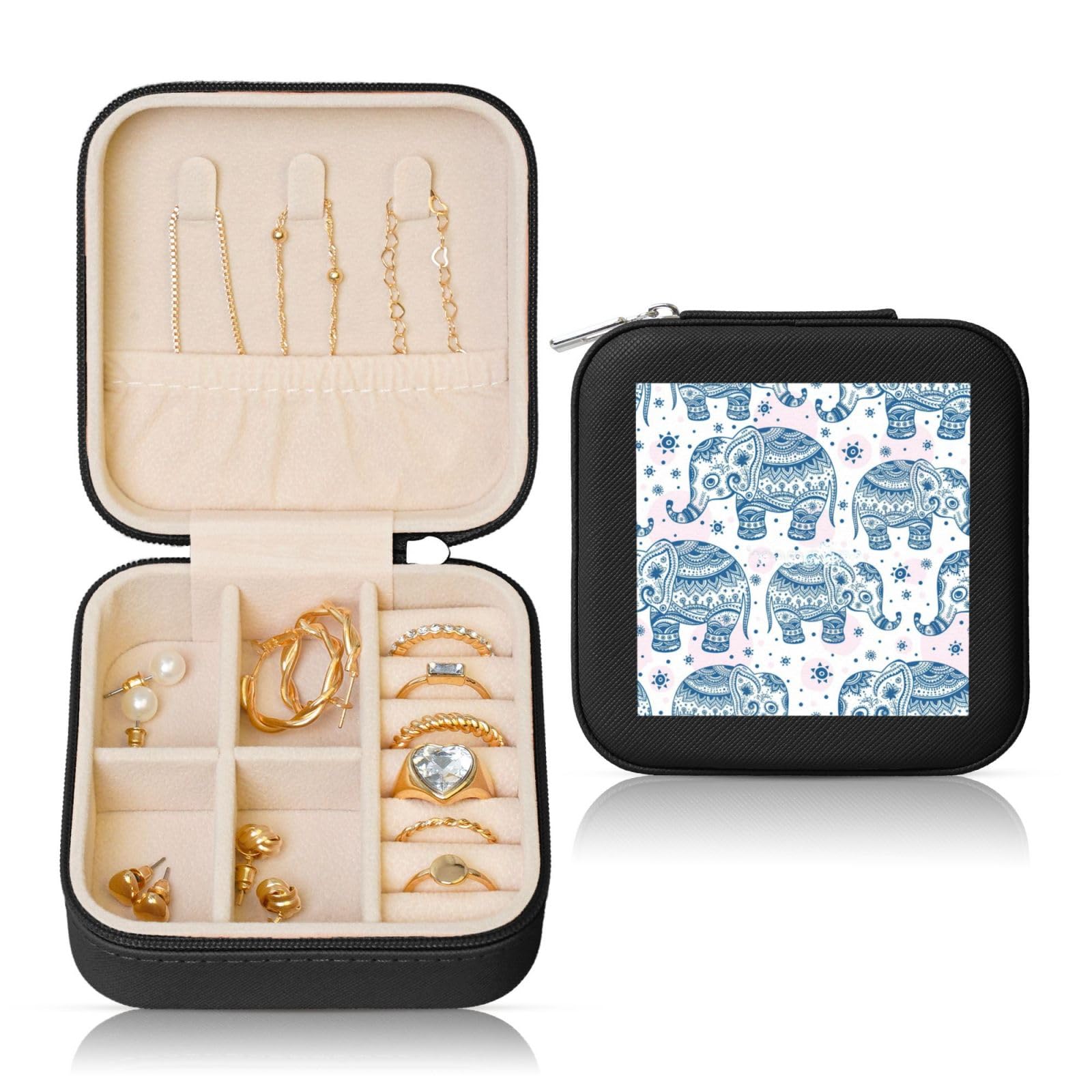 Nbtghga Boho Elephant Print Jewelry Box, Jewelry Travel Organizer Mini Portable Storage Boxes Rings Necklaces Gifts