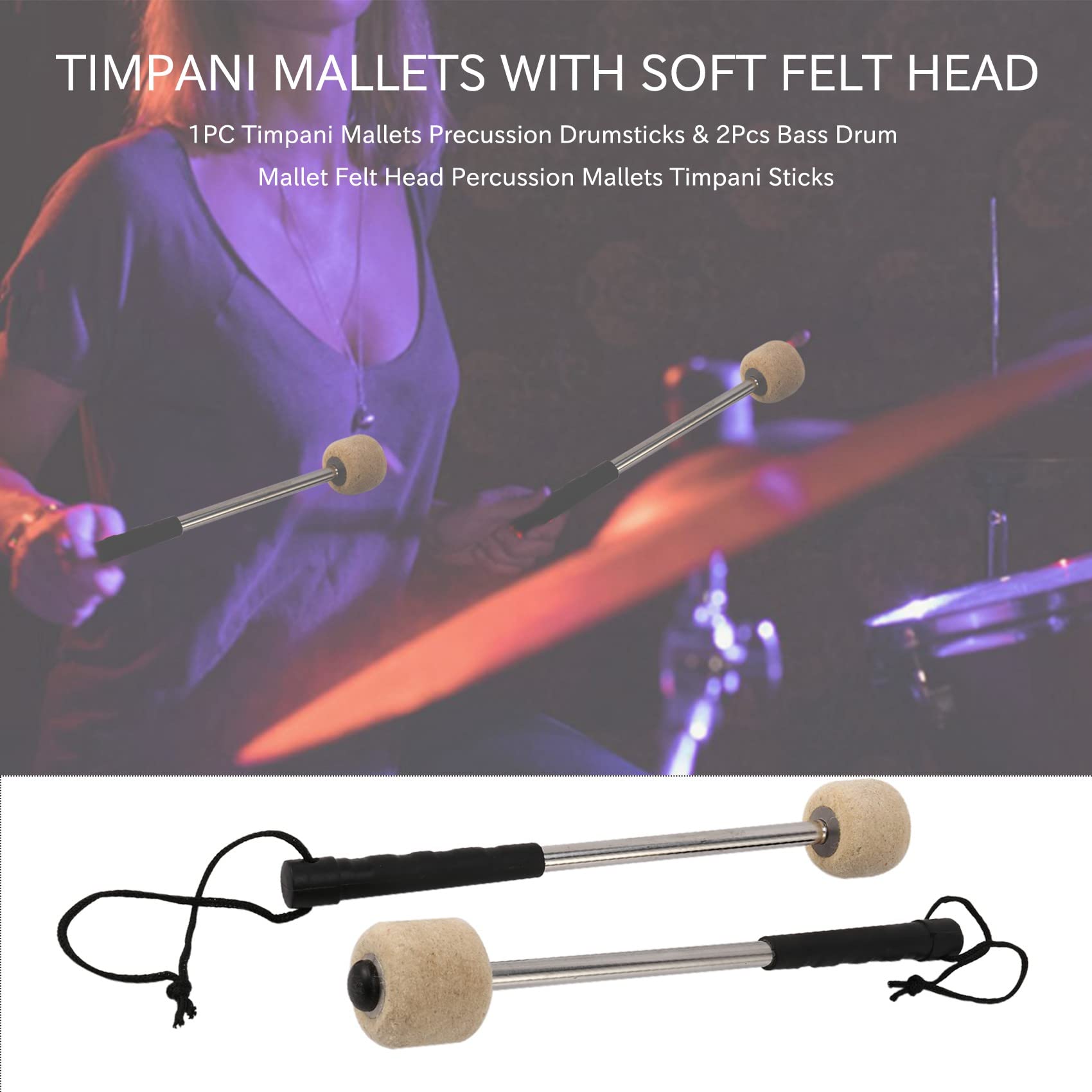 Sirxlevcy 2Pcs Drum Mallet Felt Percussion Mallets Timpani Sticks with Stainless Steel Handle,White, white&black - Image 4