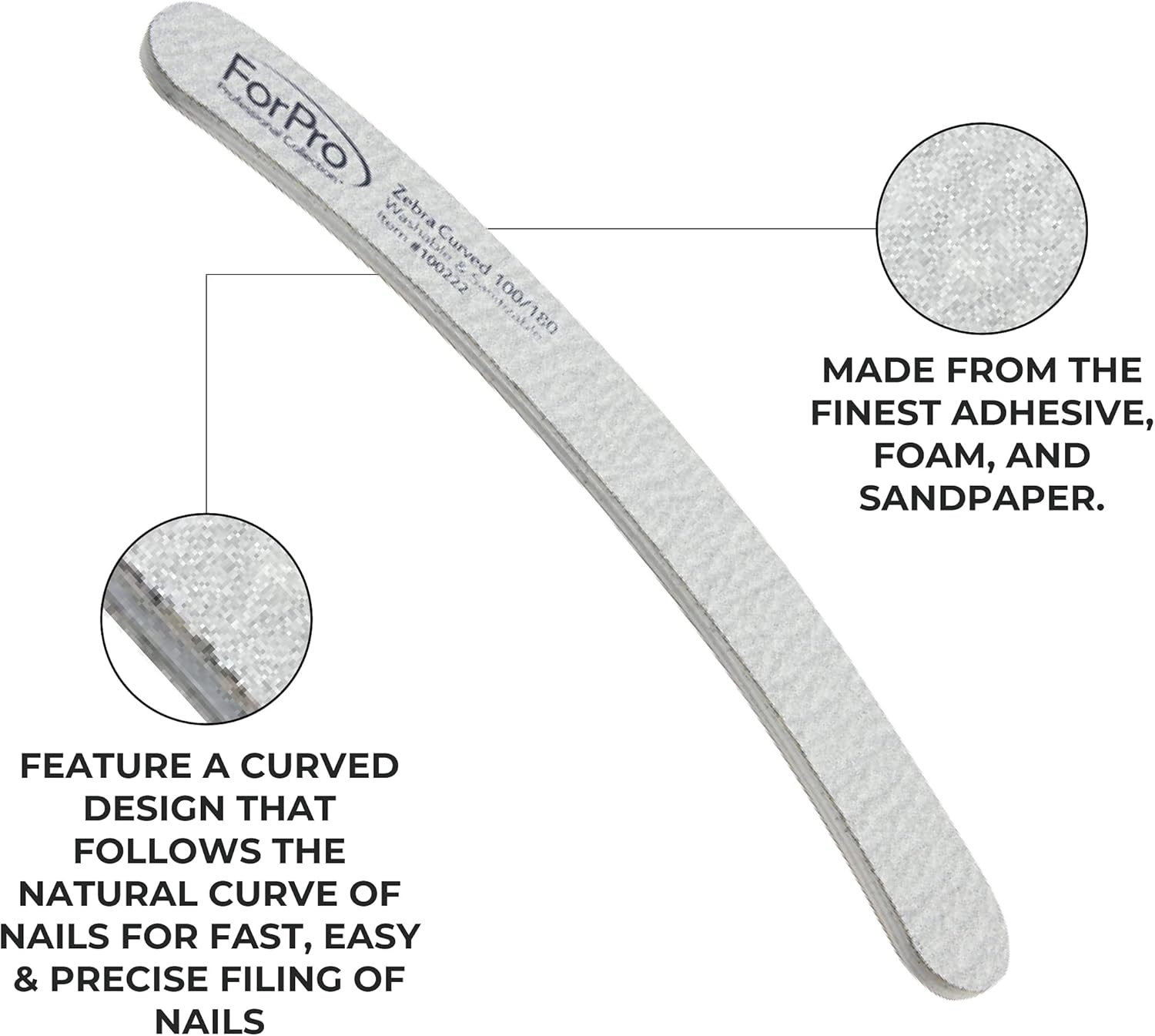 ForPro Professional Collection Zebra Curved Foam Board, 100/180 Grit, Double-Sided Manicure and Pedicure Nail Files, 7” L x .75” W, 50-Count