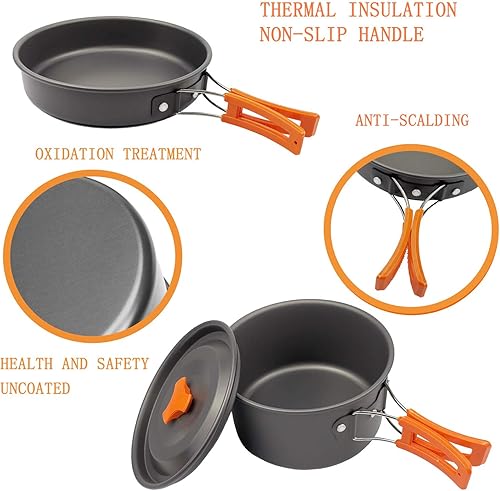 Miniatura 4 de Juego de utensilios de cocina para campamento, 10 piezas de utensilios para 3 personas, sartén de acero inoxidable, olla, hervidor, estante para