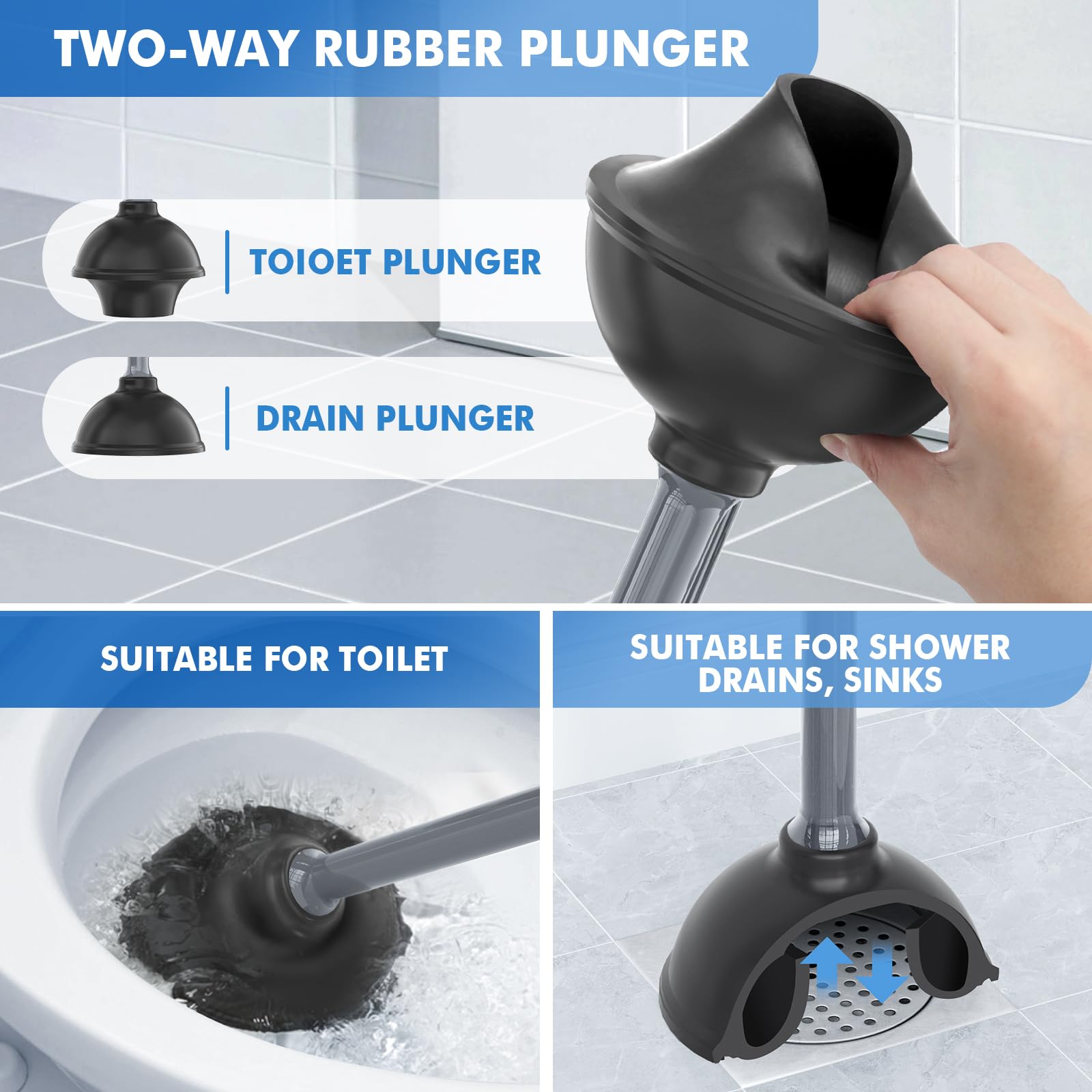 LOVLOY Déboucheur et Brosse de Toilette avec Support, Brosse de Cuvette et Piston de Toilette Robuste avec Support ventilé, Brosse WC et Piston 2 en 1 pour vidange de Toilettes de 13,5 cm (Gris, 1)