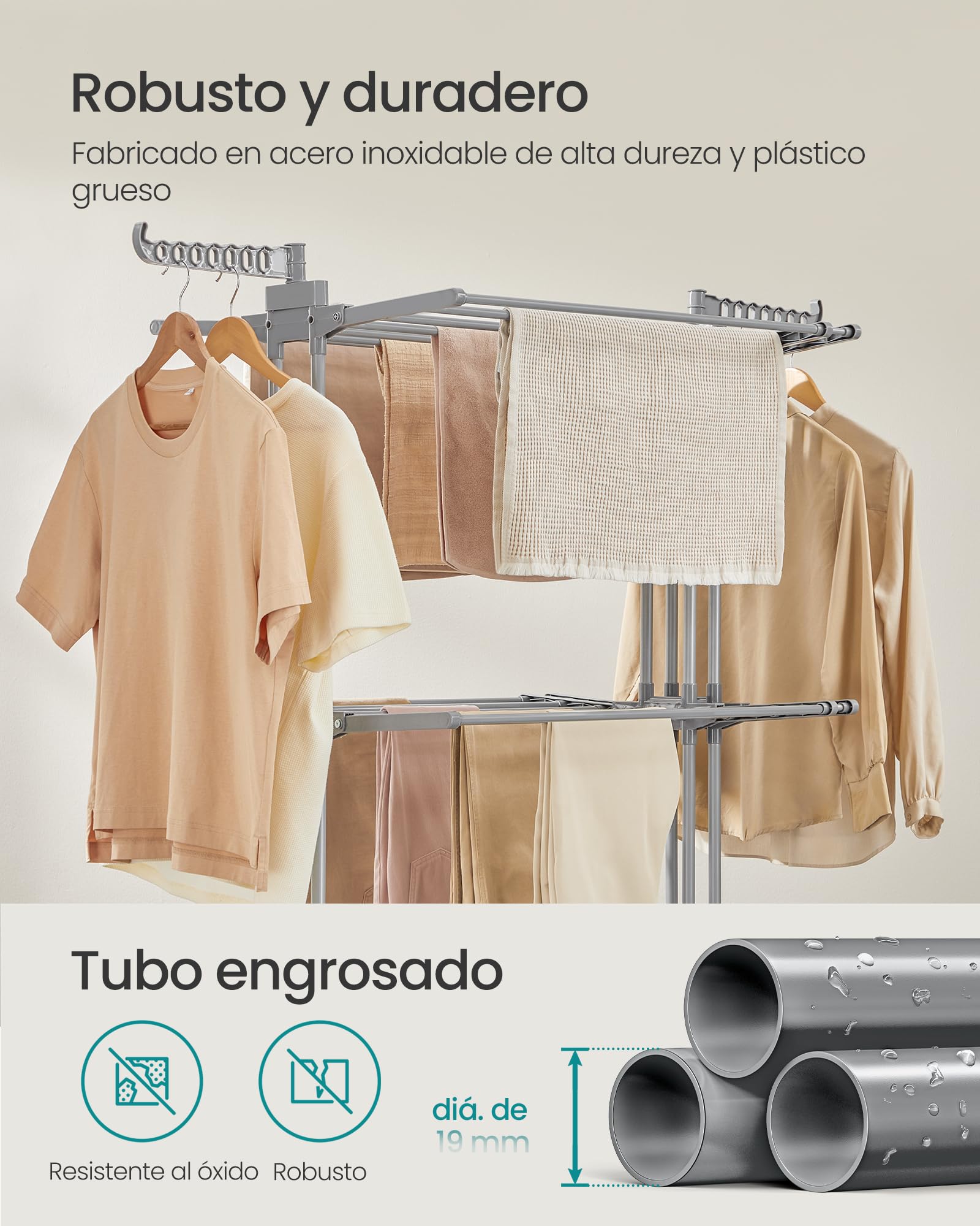 SONGMICS Tendedero Plegable de 4 Niveles, con Ruedas, Alas Plegables, (131-200) x 63,5 x 177,5 cm, Gran Capacidad, Montaje Fácil, Uso Interior y Exterior, Gris LLR704G01