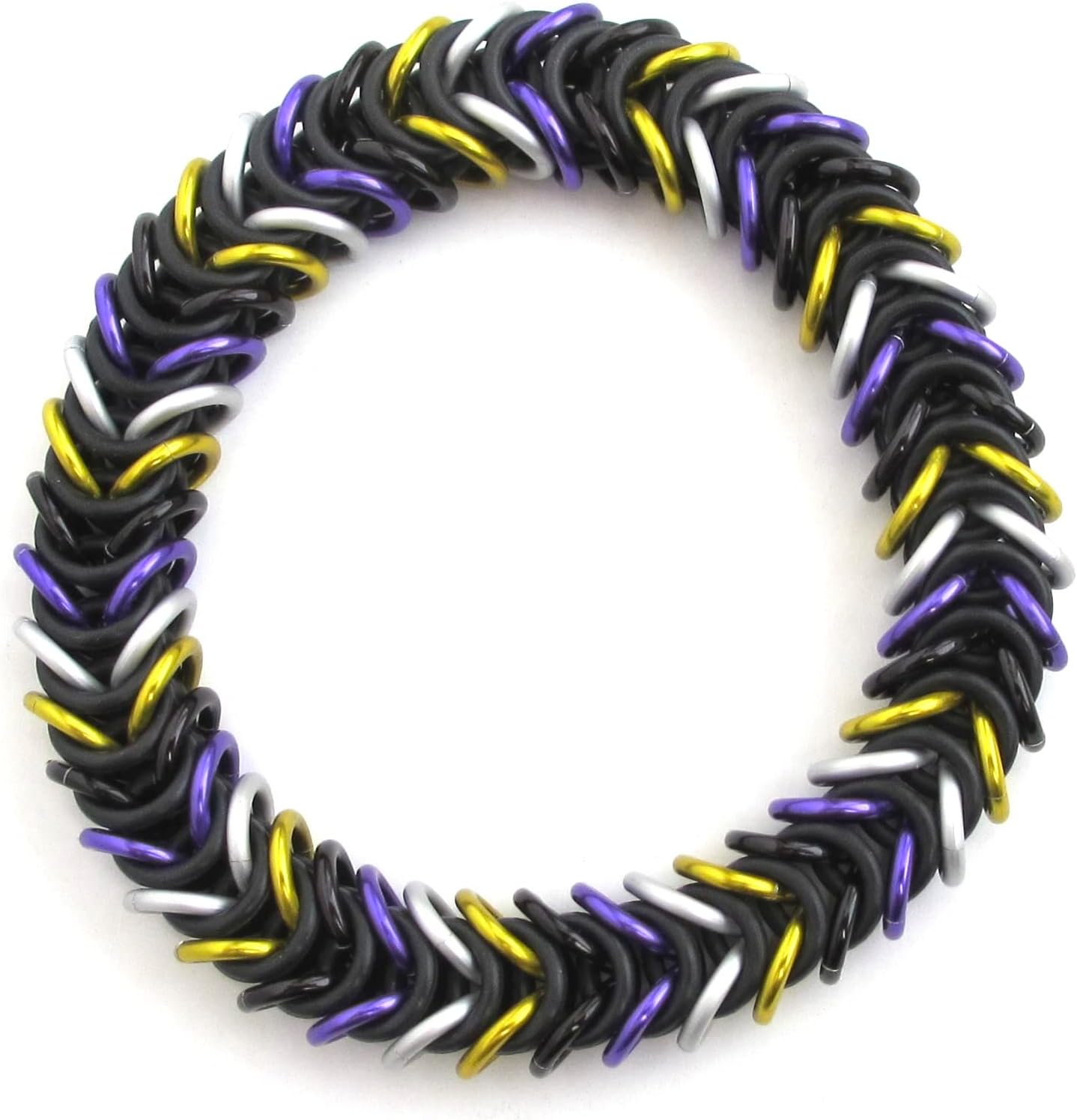 Non-binary pride chainmail bracelet, stretchy box chain in yellow, white, purple and black