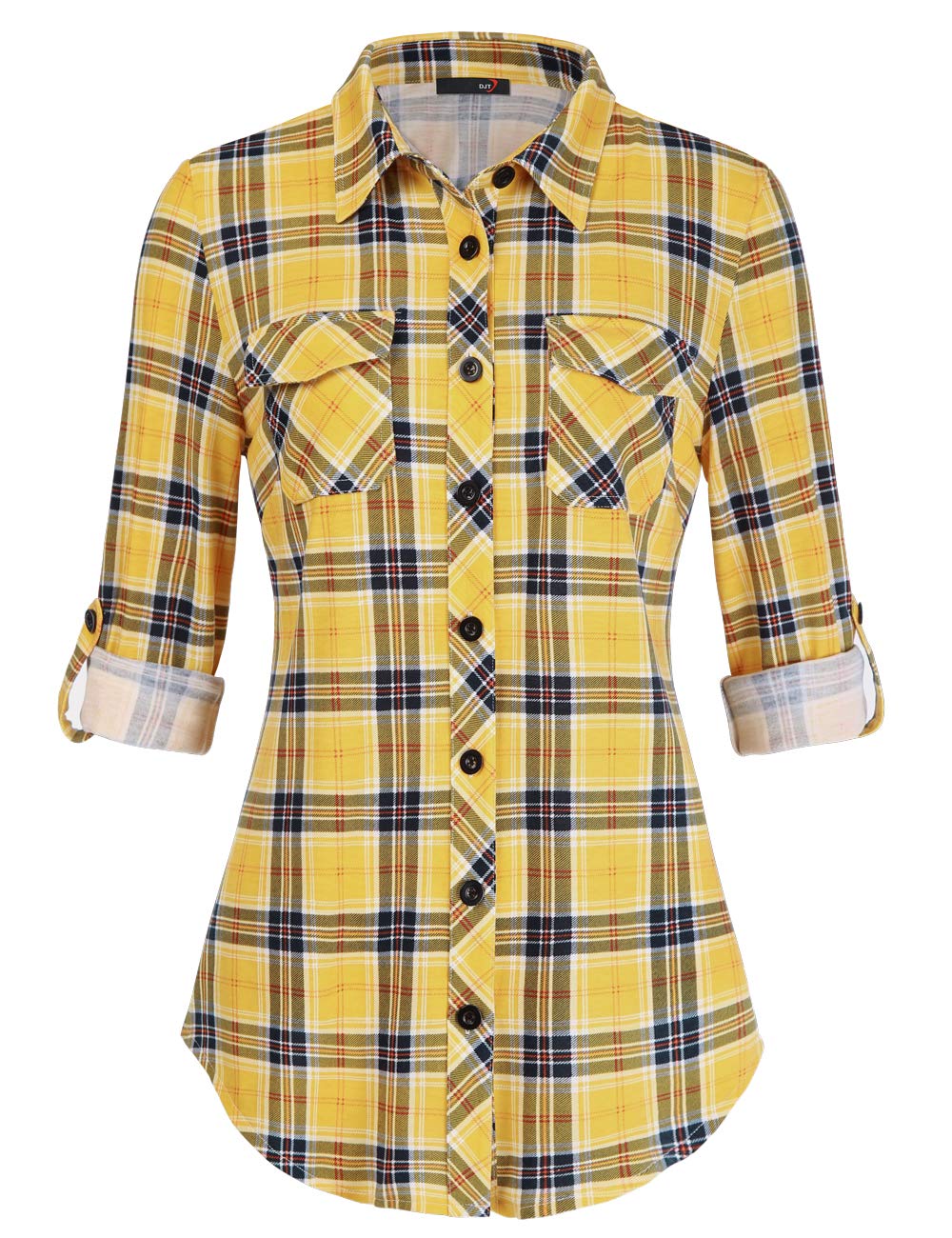 DJT Damen Weiches Gestrick Kariertes Blusen Langarm Oberteile Roll Up Ärmel Hemdbluse Button Down Tops