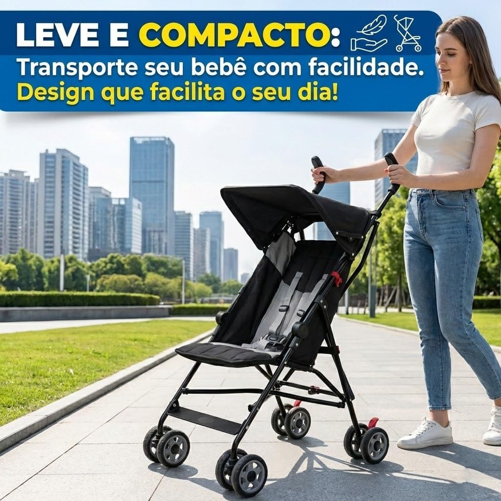 Carrinho de bebê lateral em parque urbano com edifícios altos.