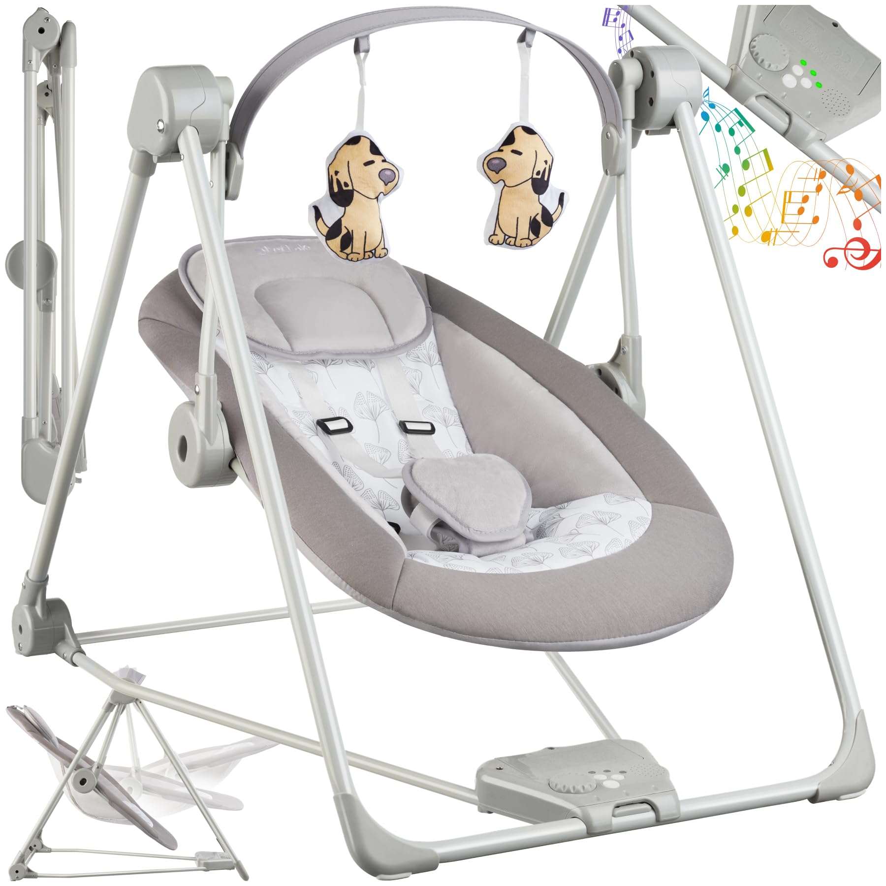 tectake® Dondolo Elettrico per Neonati, 5 Livelli di Velocità, Dondolo Bambini con Timer, Arco Giochi con Peluche, Dondolo per Bambini con Suoni Naturali Rilassanti - Grigio Chiaro