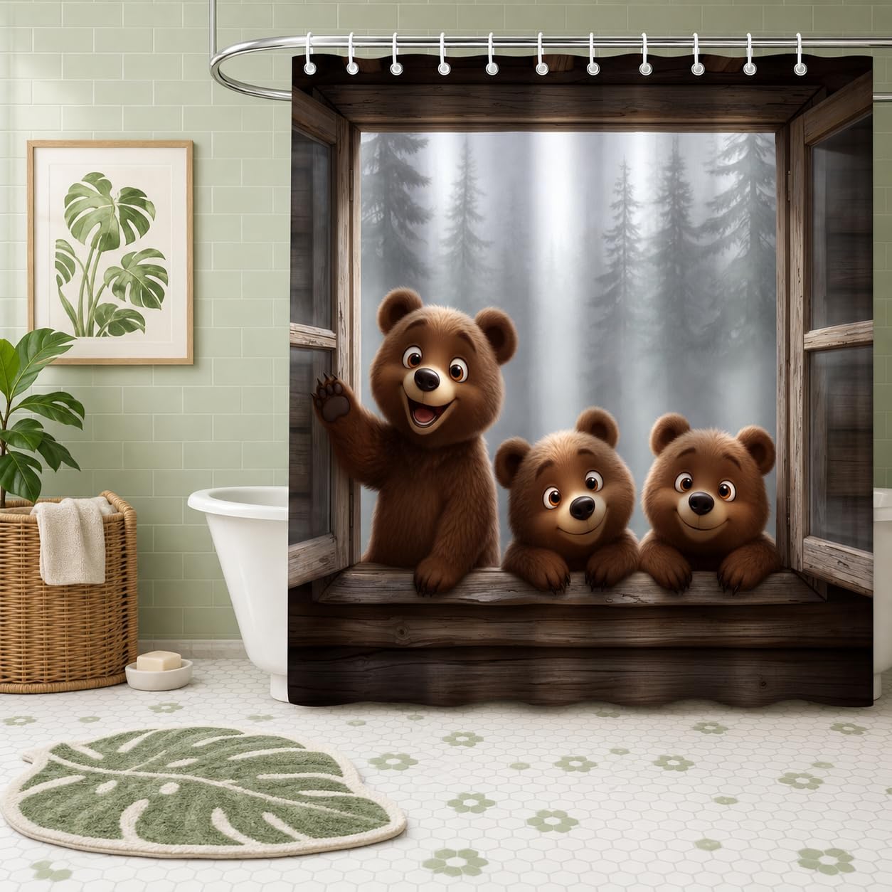 Cute Three Bears Shower Curtain, 3D Wood Window Brown Bear Woodland Forest Bath Curtain, Waterproof Polyester Bathroom Decor with 12 Hooks, 71 x 71 Inch