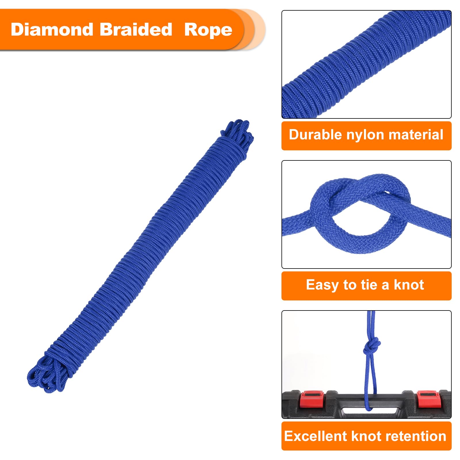 Rebower 1 Pcs Blue Nylon Rope 1/4"x98ft Solid Braided Cord Polypropylene Rope Utility Cord,[for Camping Tie Down, Securing - Image 3