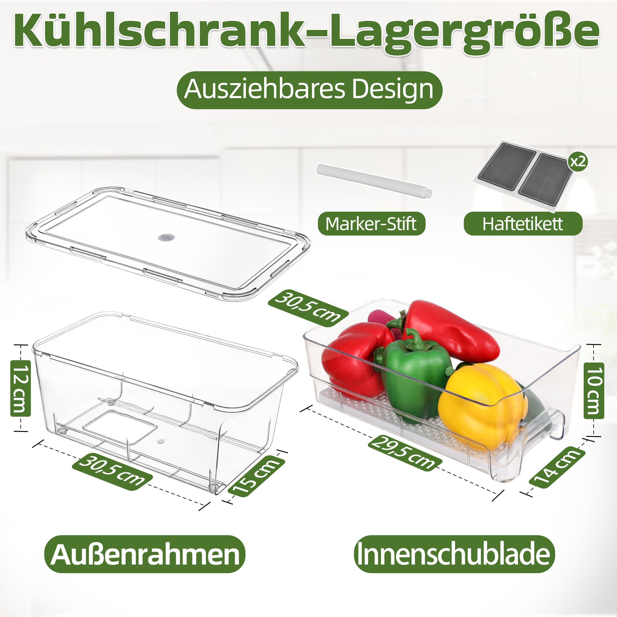 MIUKAA Kühlschrank Organizer Schublade, 4 Stück Doppelschichtige Stapelbar, Aufbewahrungsbox Kücheorganizer, Speisekammer Vorratsbehälter Durchsichtig Behälter für Kühlschrank, Küchen, Schränke