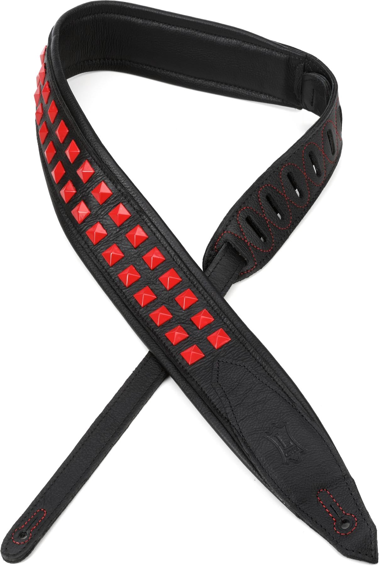 Levy's Leathers Rebel Leathers Series - Correa de guitarra de piel auténtica de 2.5 pulgadas de ancho, color negro con tachuelas rojas, (M81GRPDX-BLK)