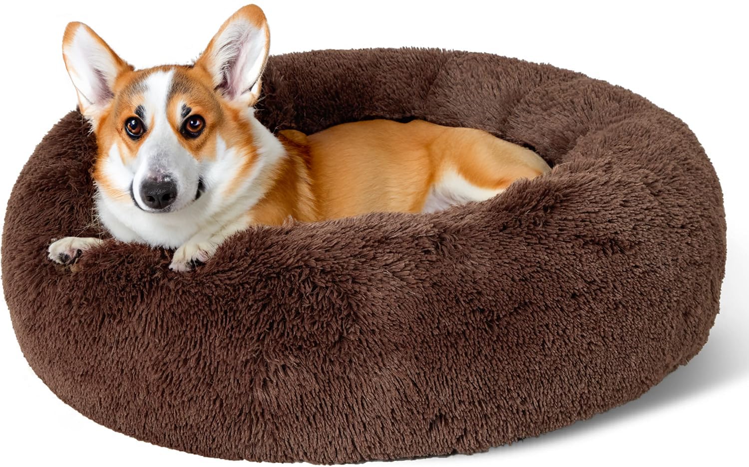 SEOUGEE Calming Donut Dog Bed, Fluffy Plush Round Cat Bed, Cosy Soft Washable Cushion Warming Pet Beds with Non-Slip Bottom, Indoor Sleeping Cuddler Nest for Small Medium Dogs (Coffee 70cm)