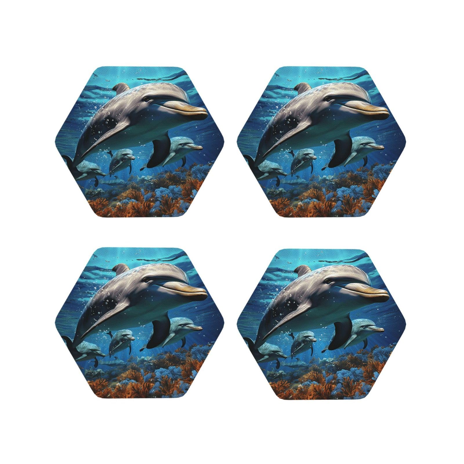 4Pcs PU Leather Coaster for Drinks, Dolphins Cup Coastersr 4" Cup Mat Pad, Aesthetic Drink Coasters for Coffee Table, Hexagon Coaster for Tabletop Protection